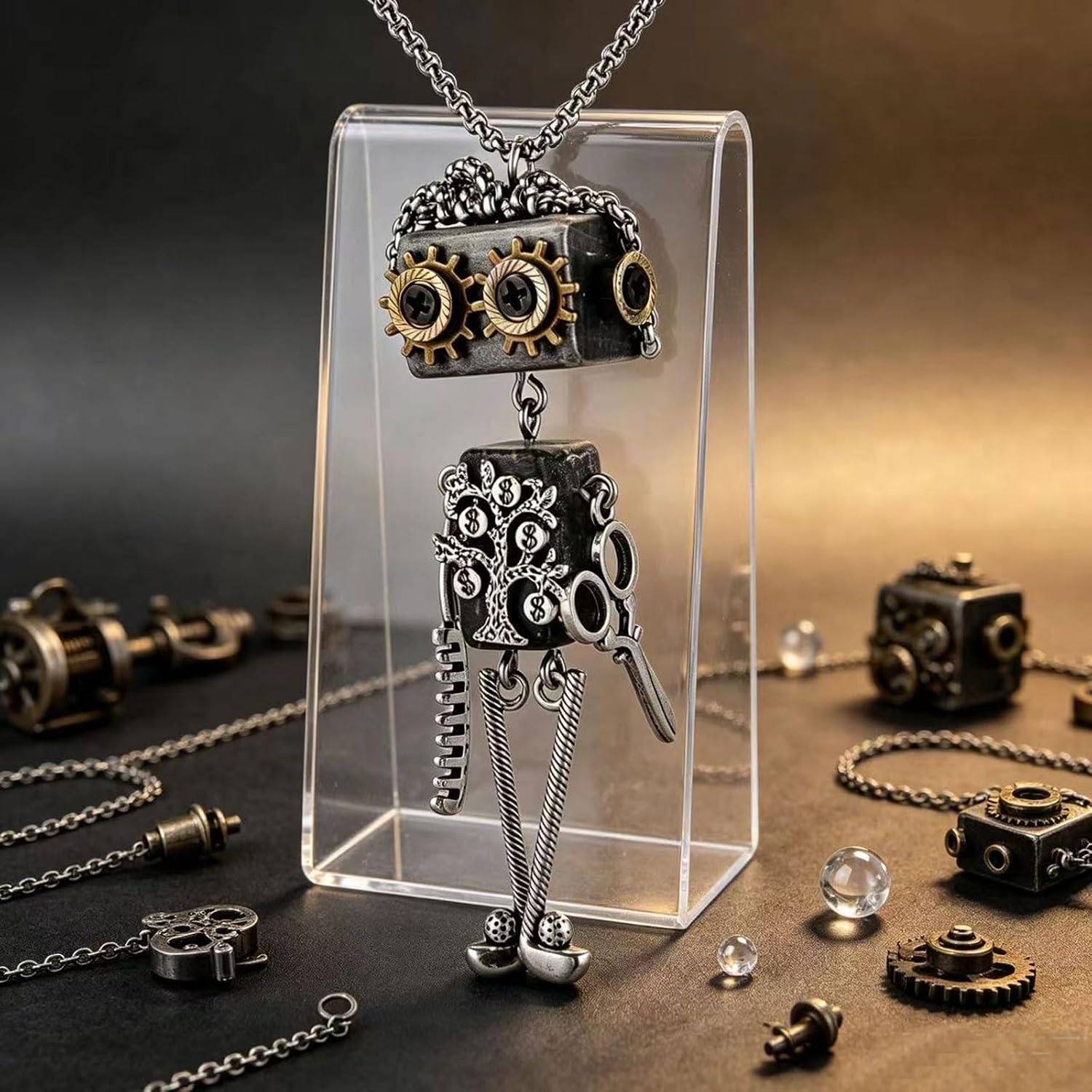 Men'S And Women'S Pure Handcrafted Retro Personality Niche Steampunk Mechanical Figurine Pendant Necklace, Silver Stainless Steel Square Pearl Chain, Designer Toy Accessory Jewelry image 4