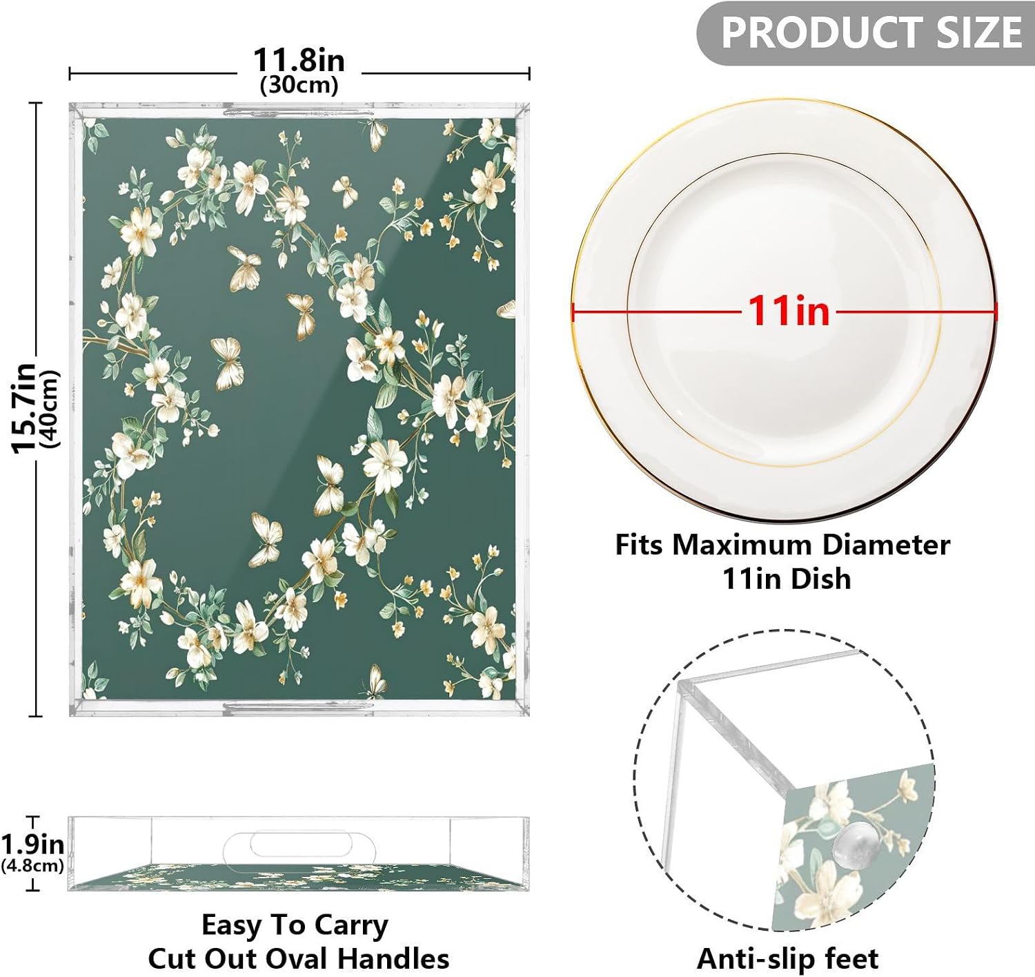 Heart-Shaped Floral Serving Tray, Clear Acrylic Decorative Tray - Sturdy Huge Capacity Serving Platters/Kitchen Countertop Tray/Vanity Table Tray 12"x16"