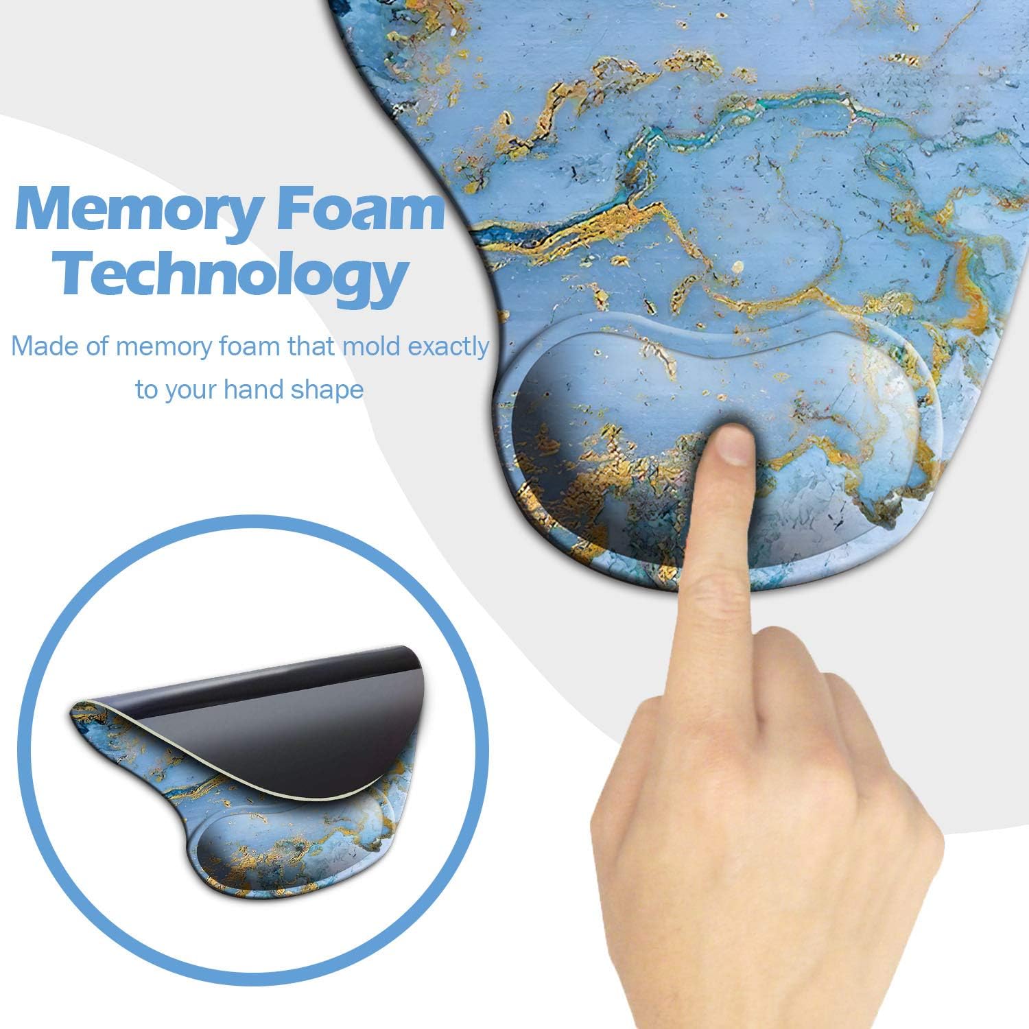 Dooke Ergonomic Mouse Pad with Wrist Support, Cute Mouse Pads with Non-Slip PU Base for Home Office Working Studying Easy Typing & Pain Relief Blue Gold Marble