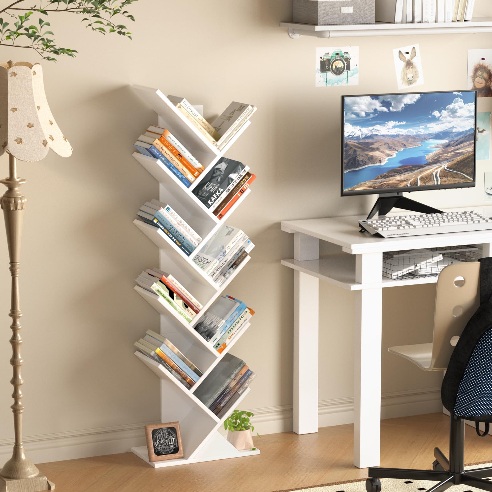 LELELINKY libreria ad albero, scaffale verticale a 10 livelli per libri/CD/riviste, libreria DVD in legno, per soggiorno, camera da letto e ufficio, bianco