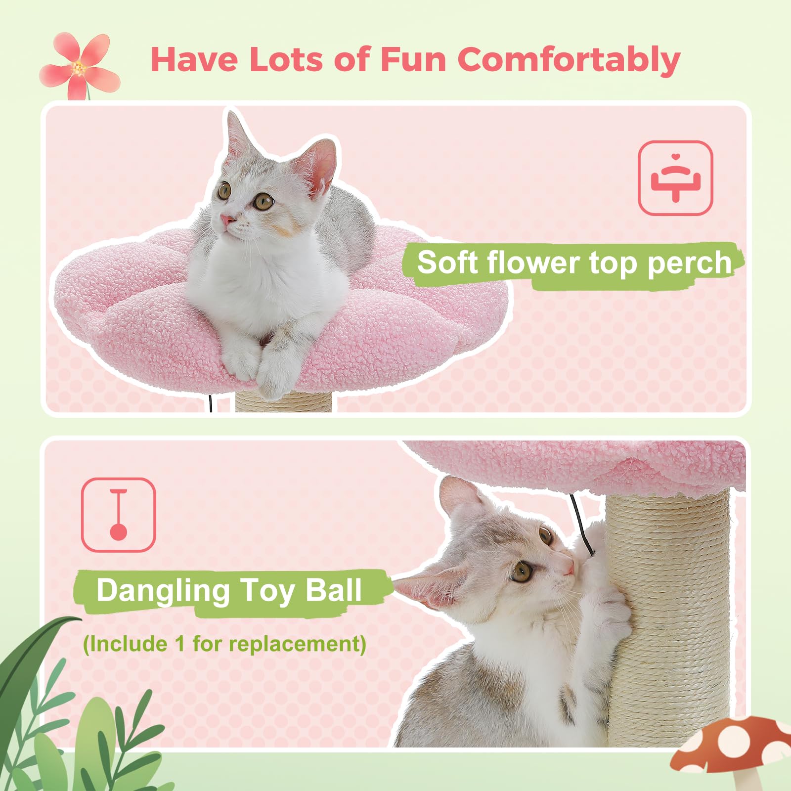 PETEPELA Cat Scratching Post, Mushroom Tall Cat Scratcher Featuring with Natural Sisal Scratching Poles and Interactive Toy Ball for Kittens and Small Cats (Brown): 19.6" Flower Pink