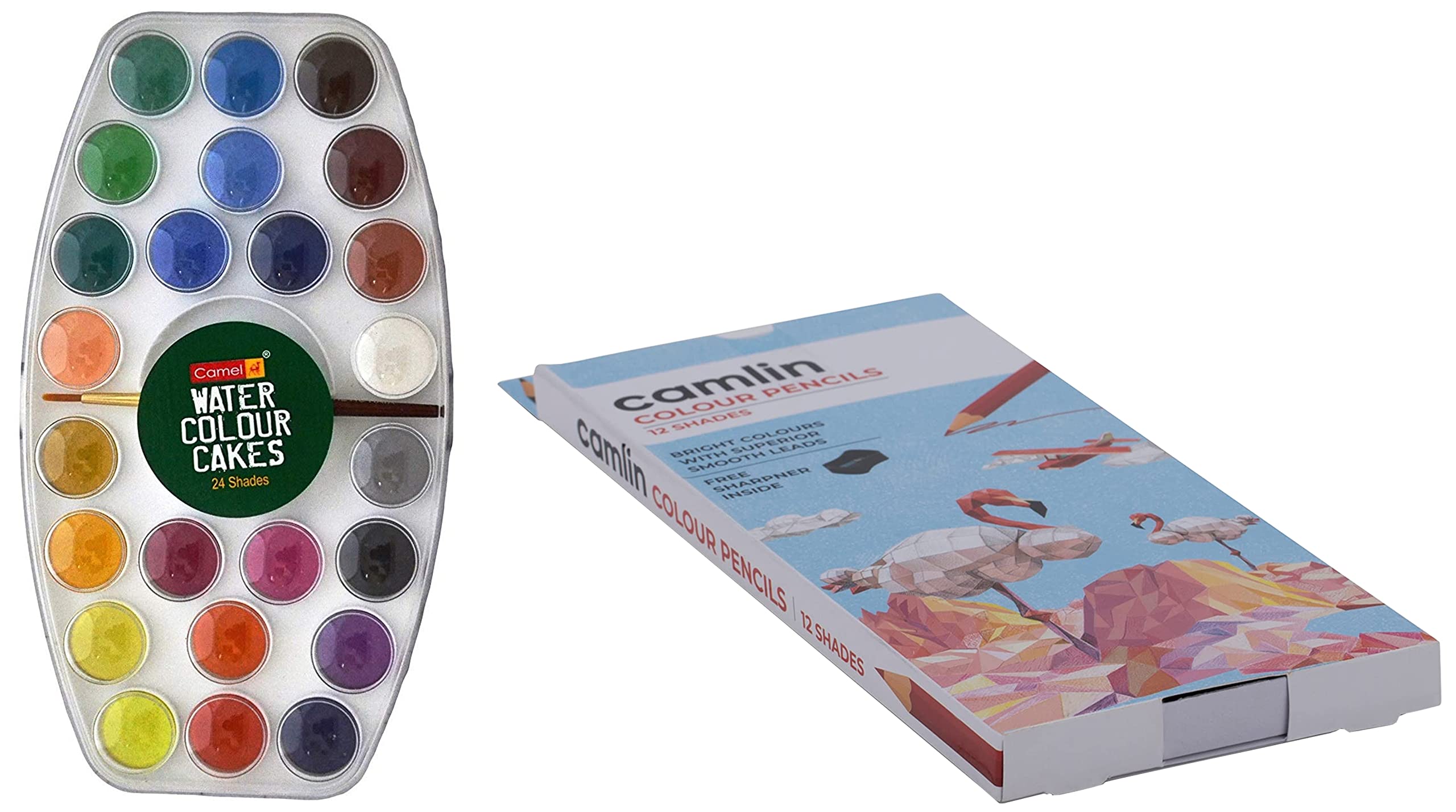 Camel Student 24-Shade Water Color Paint Cake Set & Camel 4192566 Full Size Color Pencil, Assorted, 12 Pieces