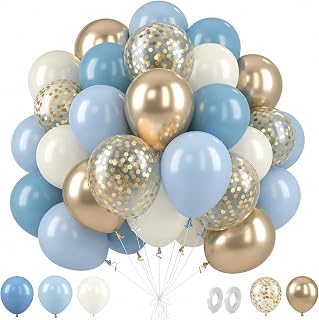 Ballonnen, poederblauw, goud, 62 stuks, verjaardagsballonnen met stoffige blauwe ballon, beige, blauw, goud, confetti, goud, confetti, voor decoratie verjaardag, babyshower, bruiloft, doop, verloving