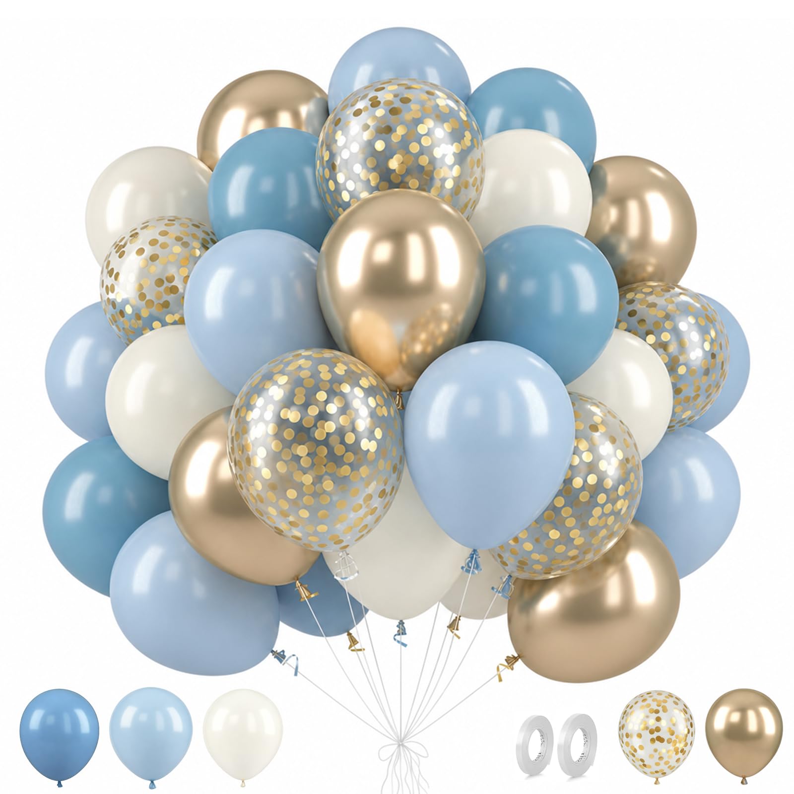 Dusty Blue Balloons, 62PCS Birthday Balloons Pack 12 Inch Dusty Blue, Baby Blue, White, Chrome Gold, Confetti Balloons,Ribbons for Boy Men Birthday, Baby Shower, Wedding, Anniversary Party Decorations