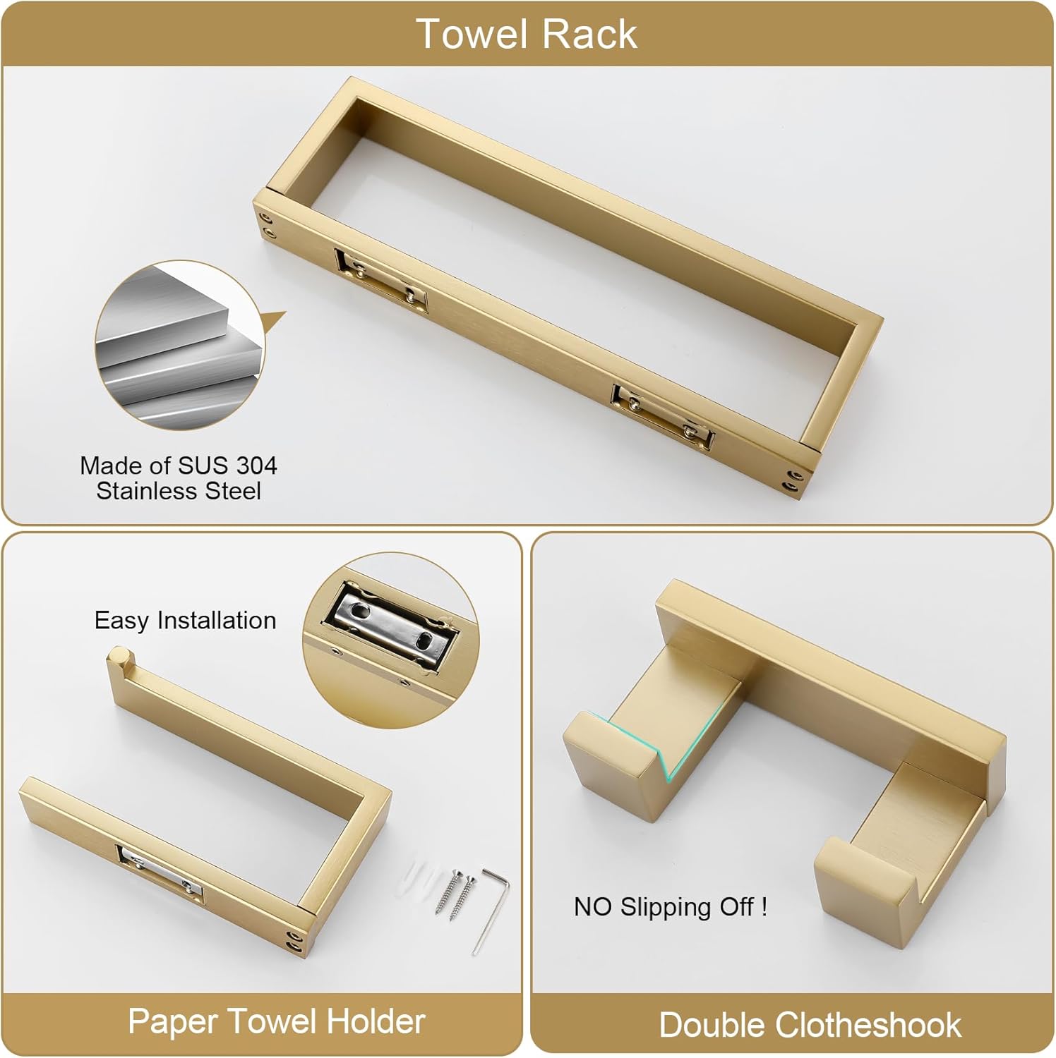 3 Pieces Brushed Gold Bathroom Hardware Accessories Set,SUS304 Stainless Steel Towel Holder Set Towel Holder Robe Hook Toilet Paper Holder Wall Mounted