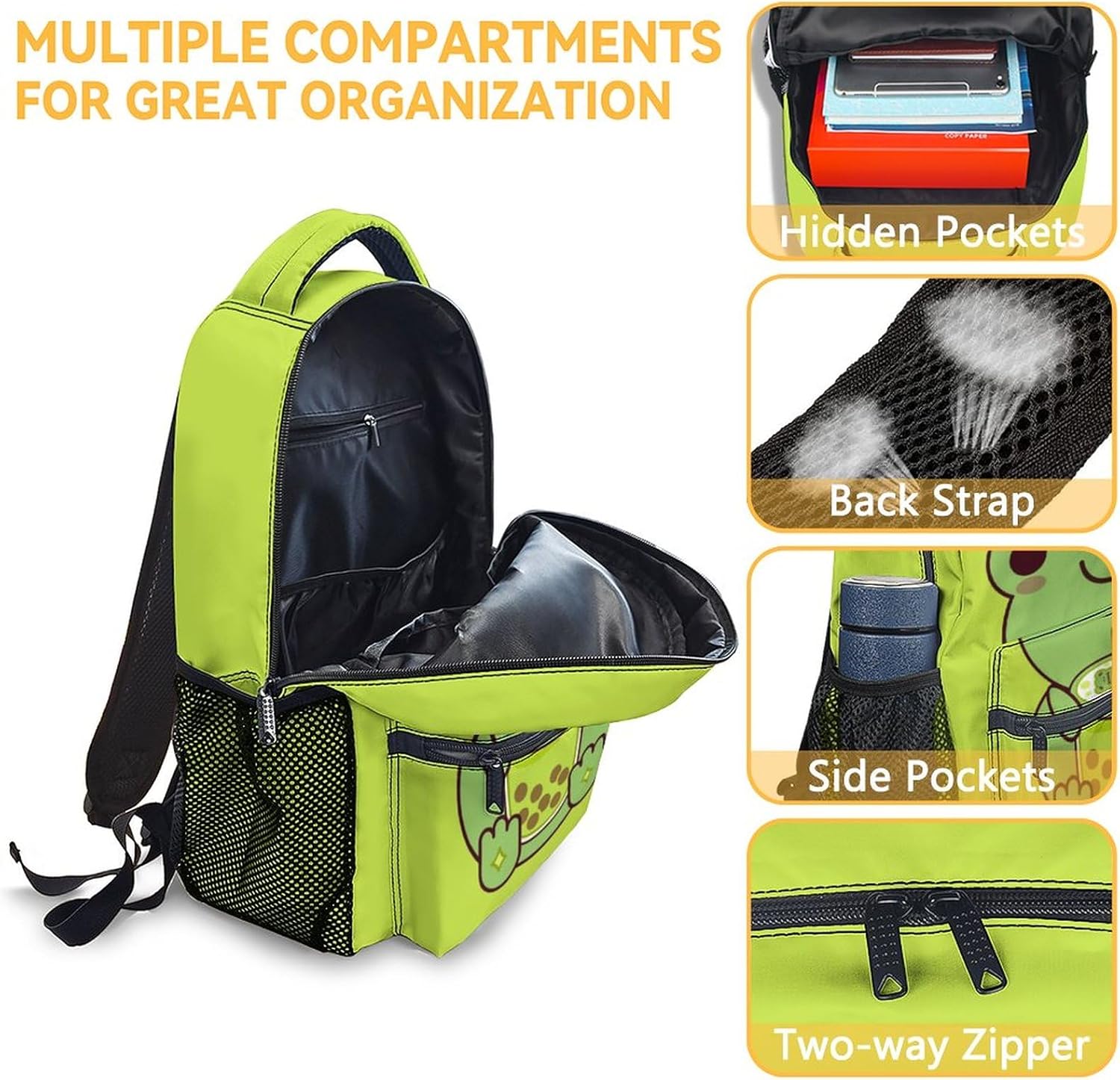 Frog Backpack with Lunch Box and Pencil Case, 16 Inch Frog Theme Bookbag with Adjustable Straps, Durable, Lightweight, Large Capacity, School Backpack for Girls Women