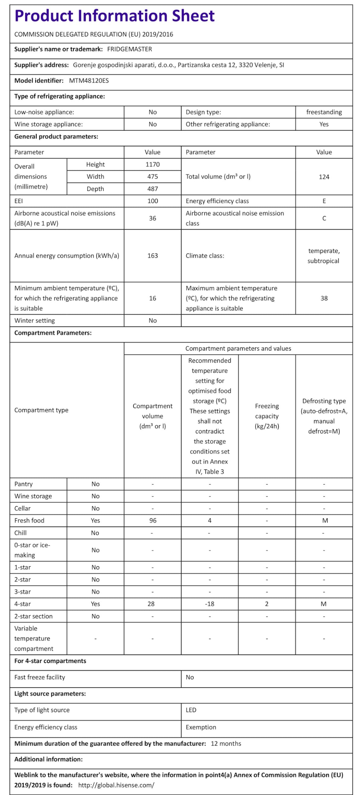 Fridgemaster MTM48120ES 48cm Freestanding Top Mounted Fridge Freezer