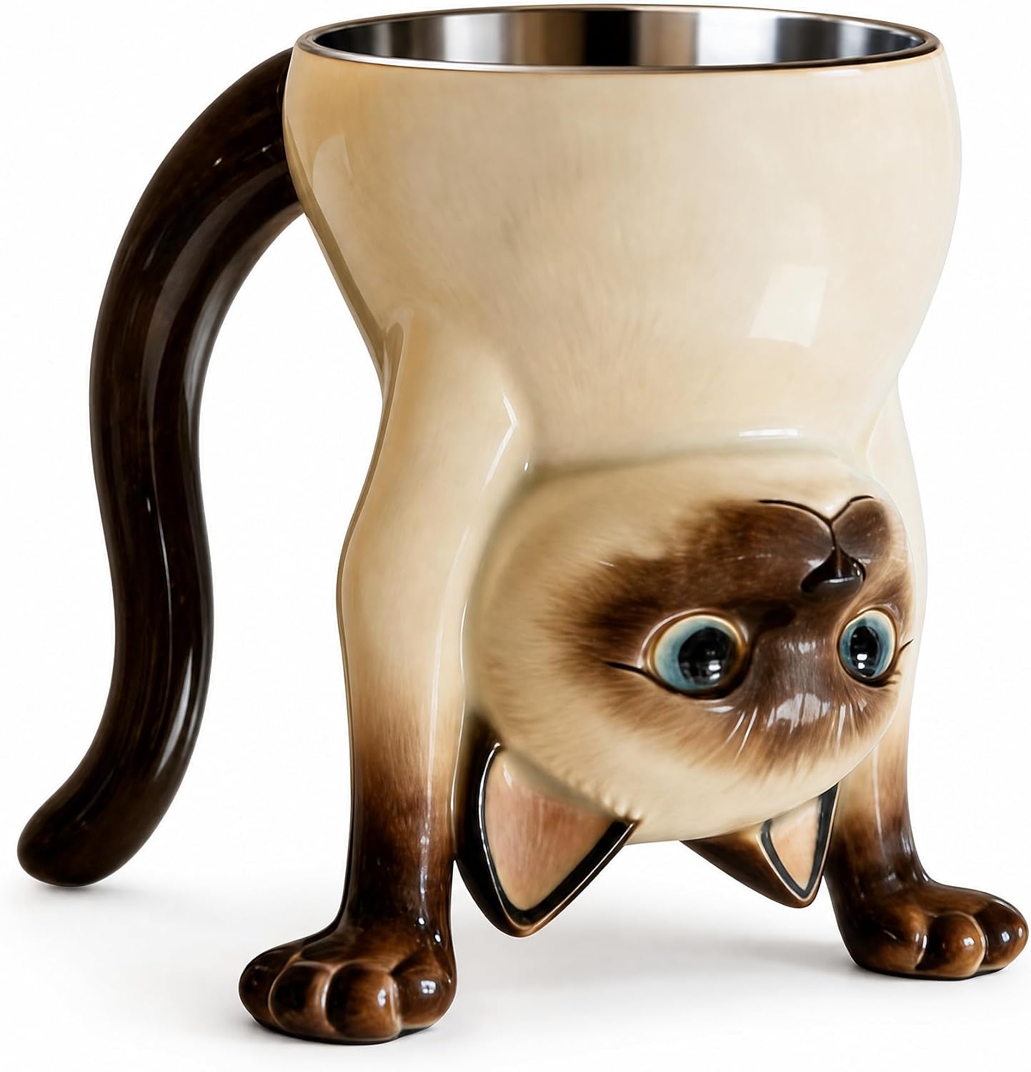 FACE N FACE Upside Down Siamese Cat Mug, 2-in-1 Funny Coffee Mug Turns into Cute Figurine, Novelty Mug for Cat Lovers, Gift for Halloween Thanksgiving Christmas White Elephant