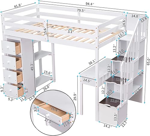 Miniatura 2 de JIVOIT Base de cama de madera doble loft con escritorio integrado y escaleras de almacenamiento cama alta de almacenamiento con 4 cajones y estantes