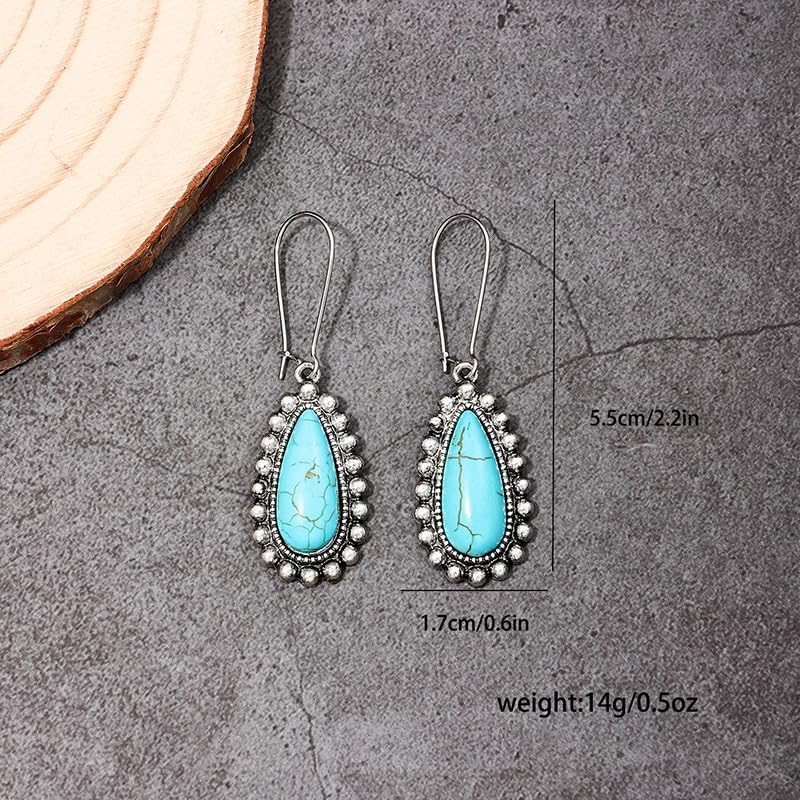 Vintage Turquoise Teardrop Earrings, Antique Silver Beaded Border, Long Hook Dangle, Boho Drop Earrings for Women - Image 5