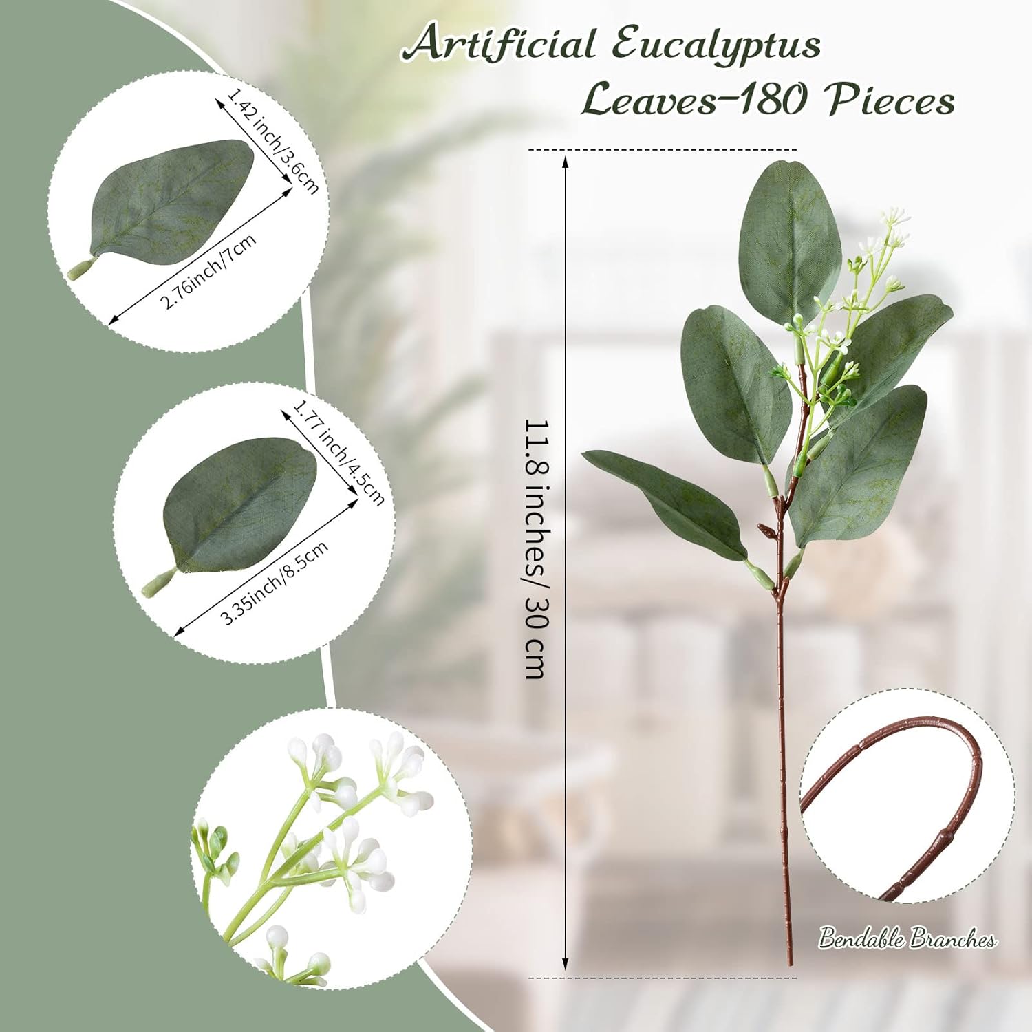 180 Pcs Eucalyptus Stems Decor Artificial Eucalyptus Leaves Greenery Stems Artificial Silver Dollar with White Seeds Grey Green Short Faux Leaves Branches for Wedding Bouquet Farmhouse Decor