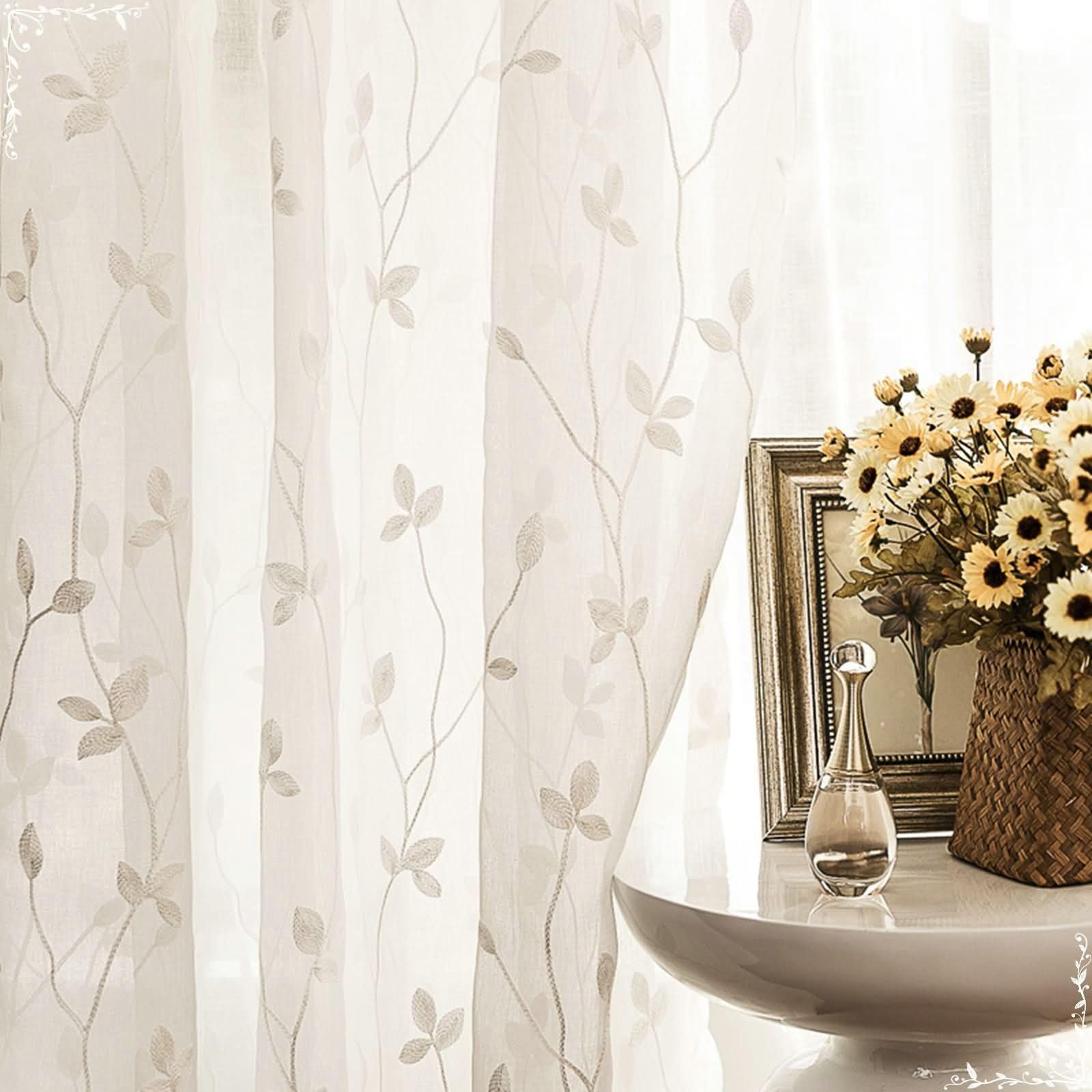 Daesar Transparent Curtains for Living Room 2 Panels 54 Inch Drop, Eyelet Tulle Curtains Embroidered Flower Branches Pattern Voile Panels Drapes for Bedroom, 34" W x 54" H White