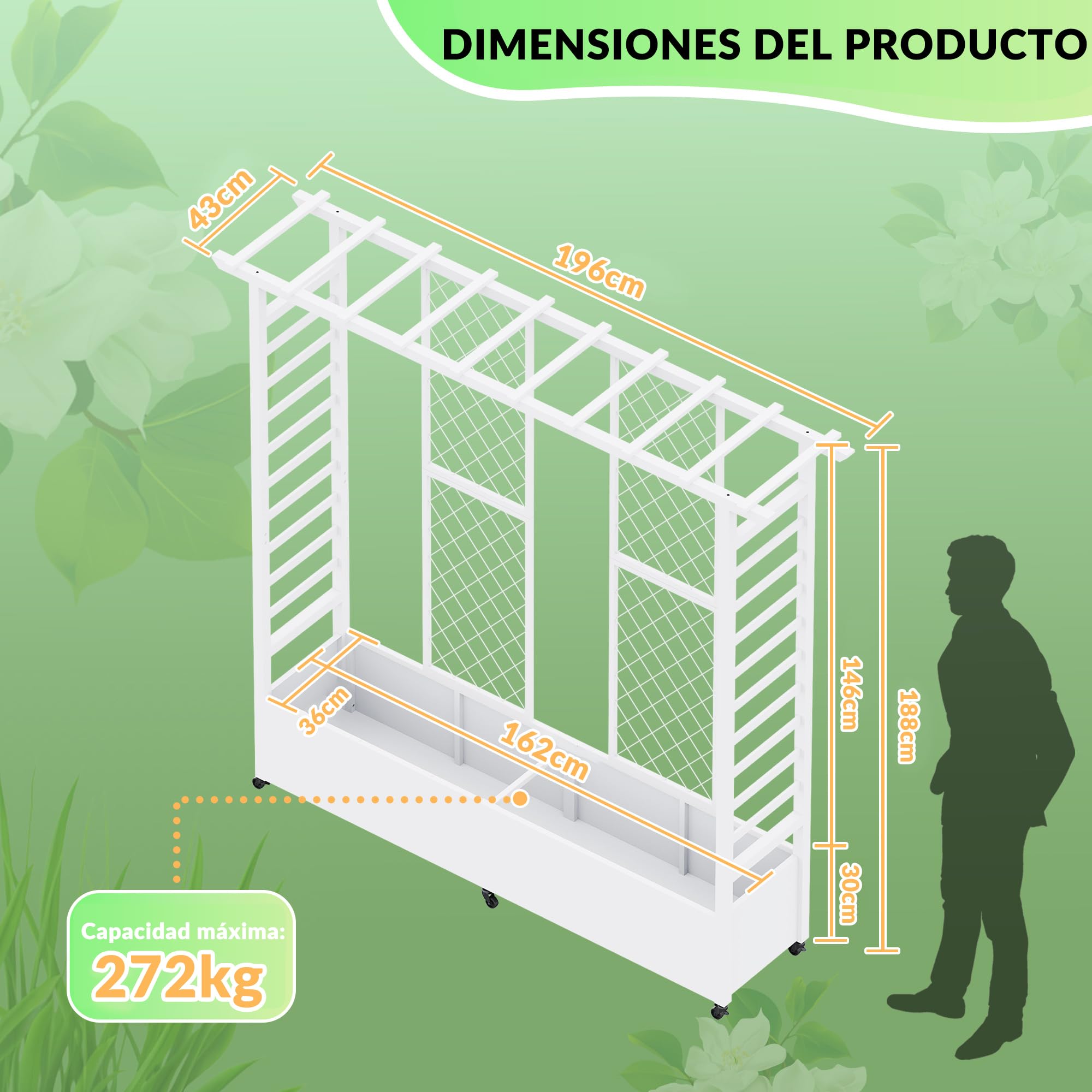 Jardinera elevada con enrejado y techo colgante, jardinera metálica resistente a la intemperie con 4 ruedas y 2 enrejados laterales para plantas trepadoras, mampara divisoria móvil para exteriores.