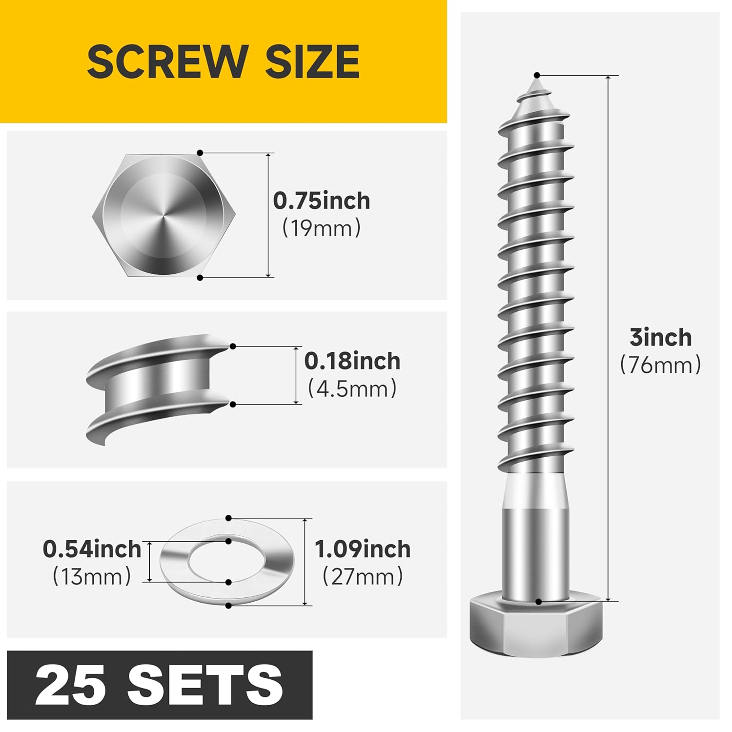 Mywish (25Sets) 1/2" x 3" Lag Bolts, 304 Stainless Steel 1/2 inch Lag Screws Bolts for Wood, Heavy Duty Hex Head with Flat Washers Bolt Kit, Bright Finish
