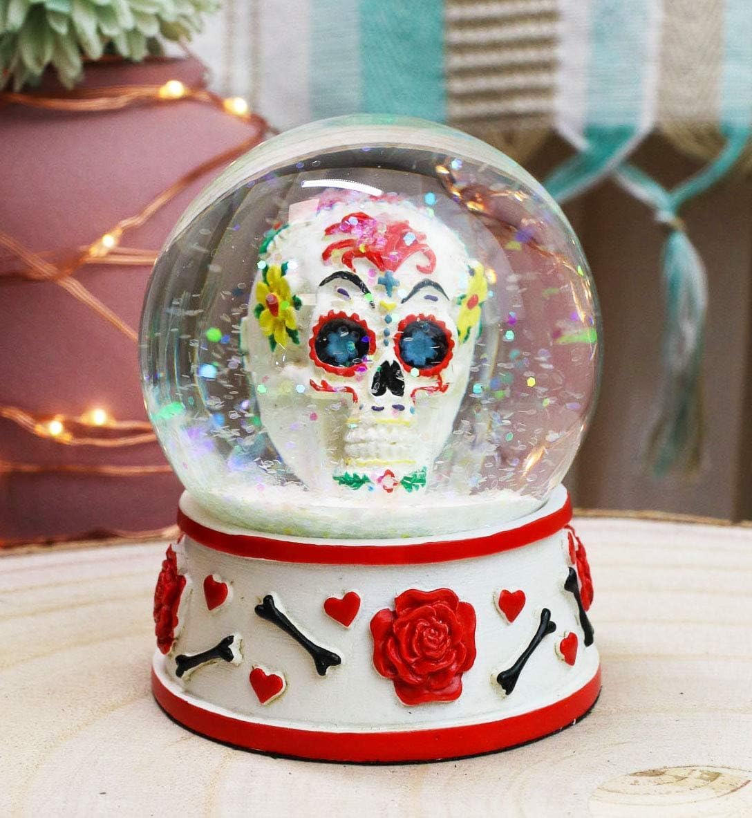 Ebros Gift Day of The Dead Colorful Floral Sugar Skull Roses Hearts and Bones Small Glitter Water Globe 50mm DOD Love Never Dies Collectible Figurine 2.75" Tall
