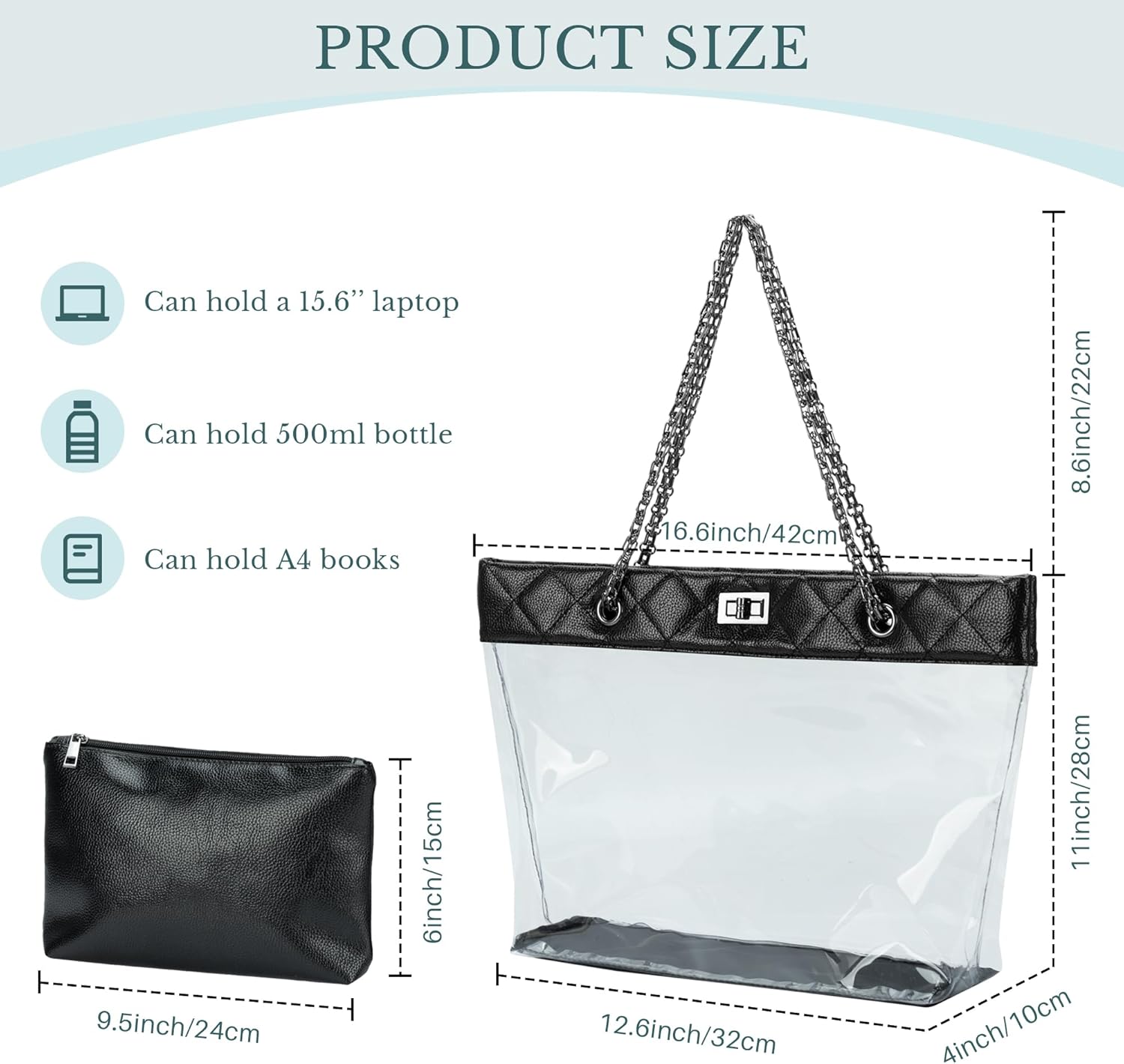 MICOM Candy Color 2 in 1 Chain Strap Clear Handbags Transparent Tote Purses for Women Shoulder Work Bag