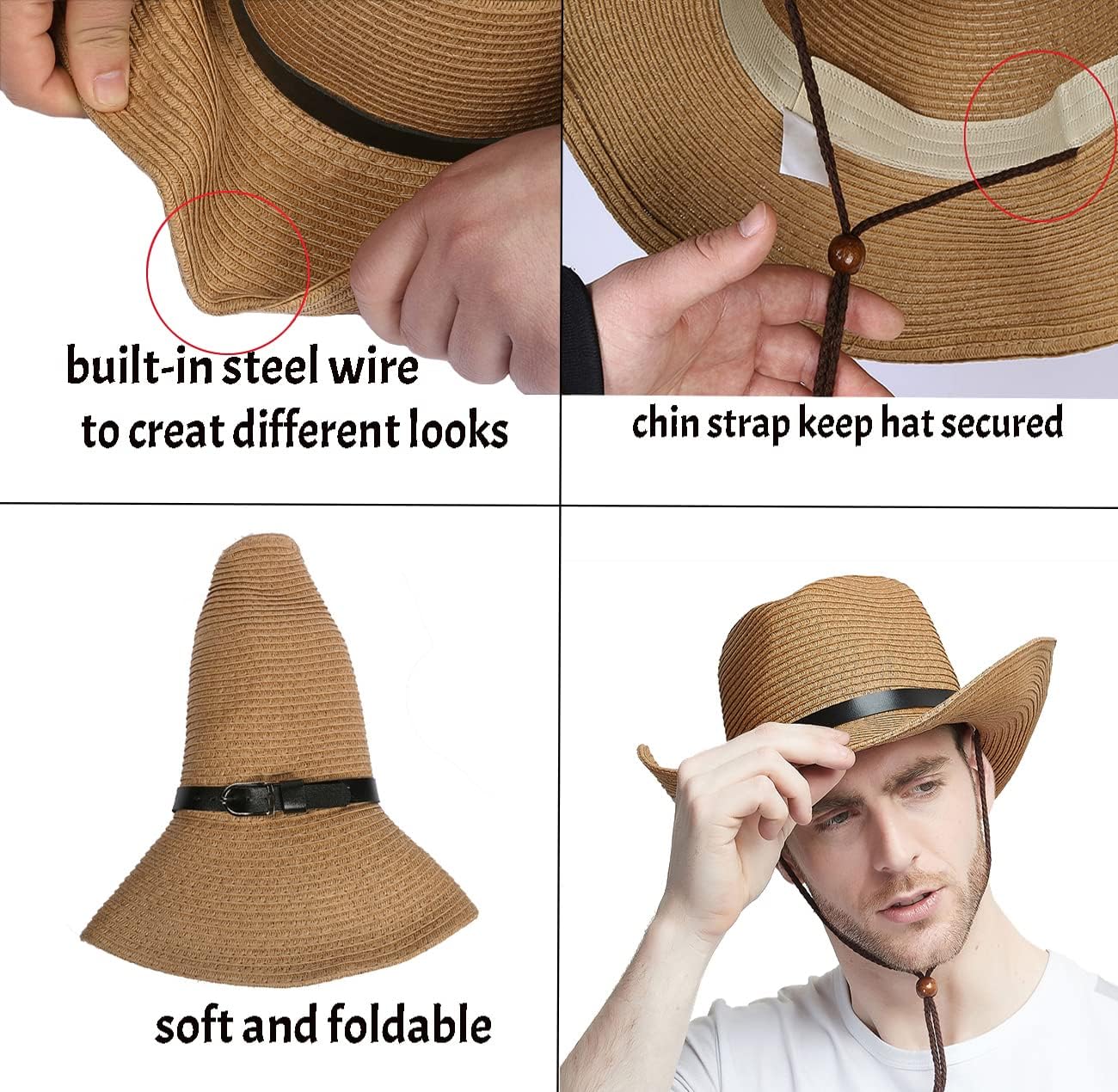 Wide Brim Straw Cowboy Hat for Men Women Western Cowgirl Sun Hat Packable UPF 50+ Beach Cap Shapeable Fedora Panama Cap - Image 4