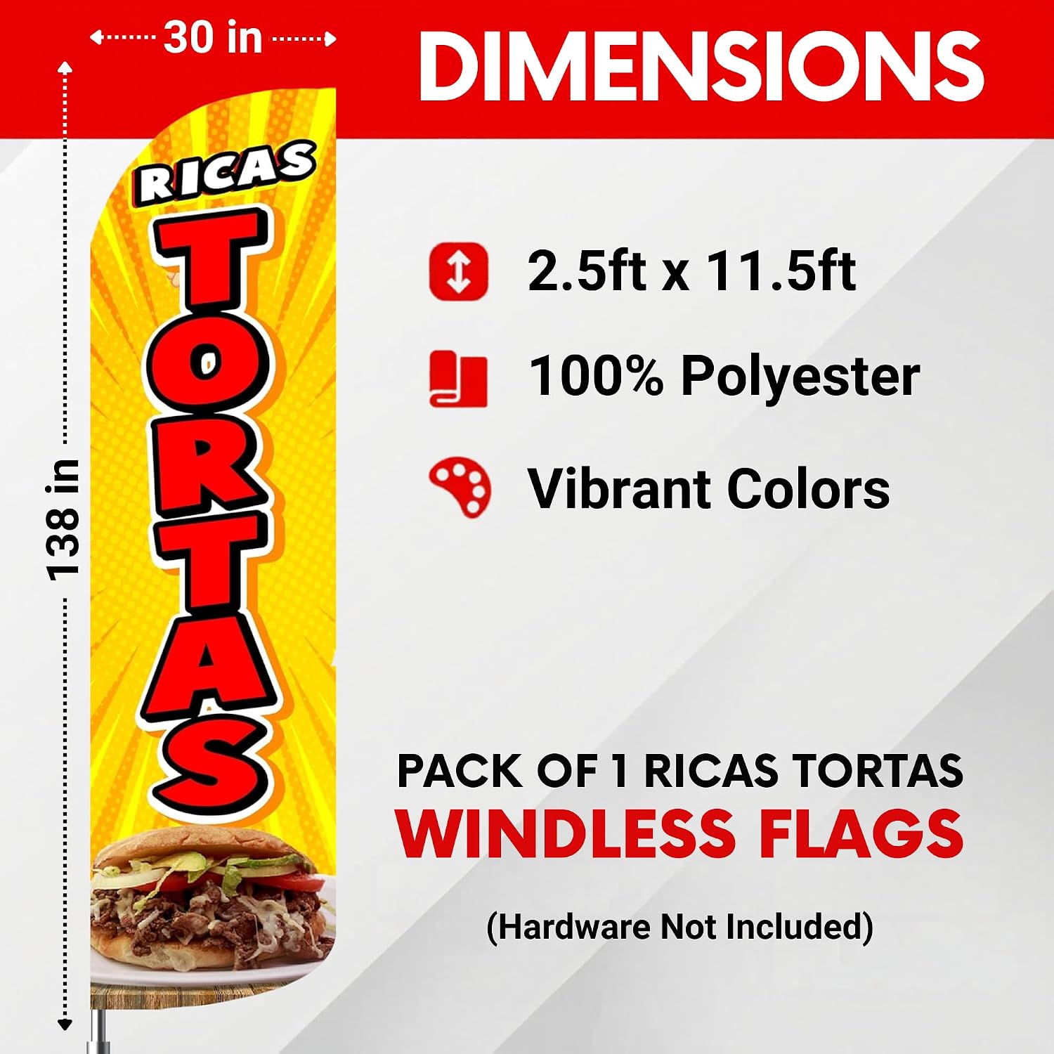 Ricas Tortas Flag Pack of 1 | 11.5ft x 2.5ft Outdoor Advertising Flag | Weatherproof Polyester Business Banner for Ricas Tortas Restaurant (Poles Not Included)