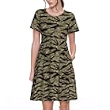 Women's Summer Casual Tiger Stripe Camo Print Short Sleeve Dresses Tshirt Swing Beach Dress with Pockets