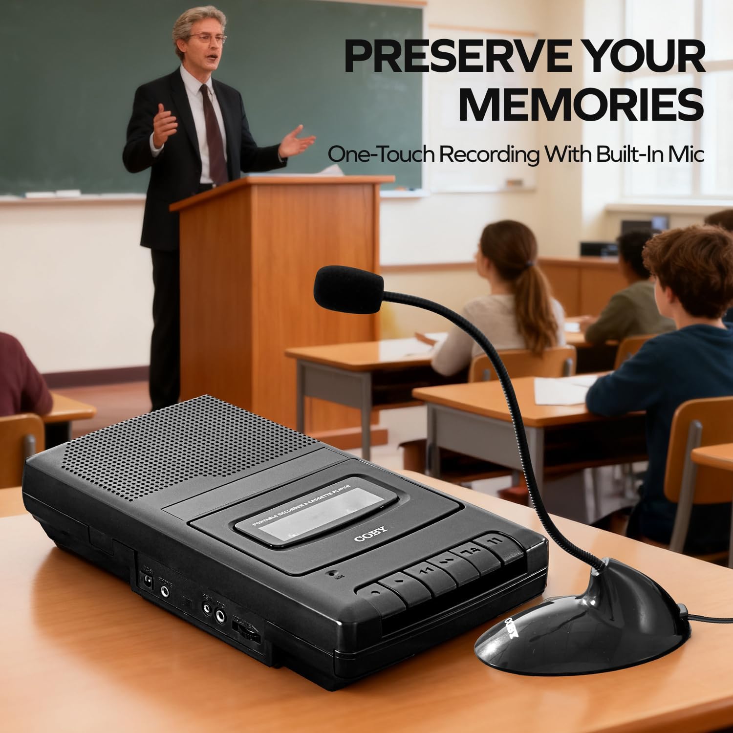 Coby Portable Cassette Player & Recorder with Standing Microphone – Retro Shoebox Tape Recorder with Built-in Speaker, Aux Input, Headphone Jack & Dual Power (Battery/AC) – Classic Black Audio Device