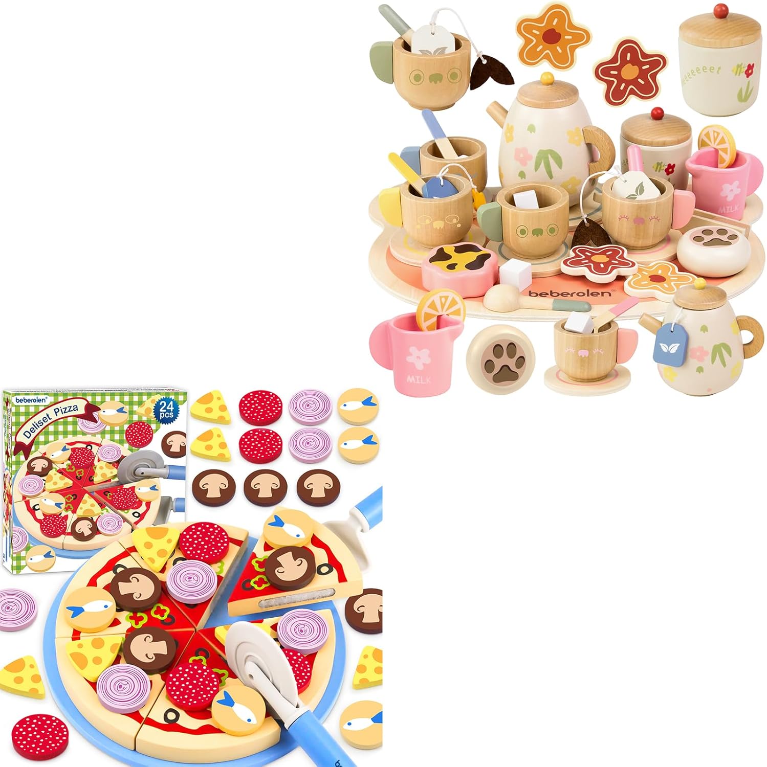 Wooden Tea Sets for Toddlers 3-5 and Wooden Play Food Fruit Pizza Toy