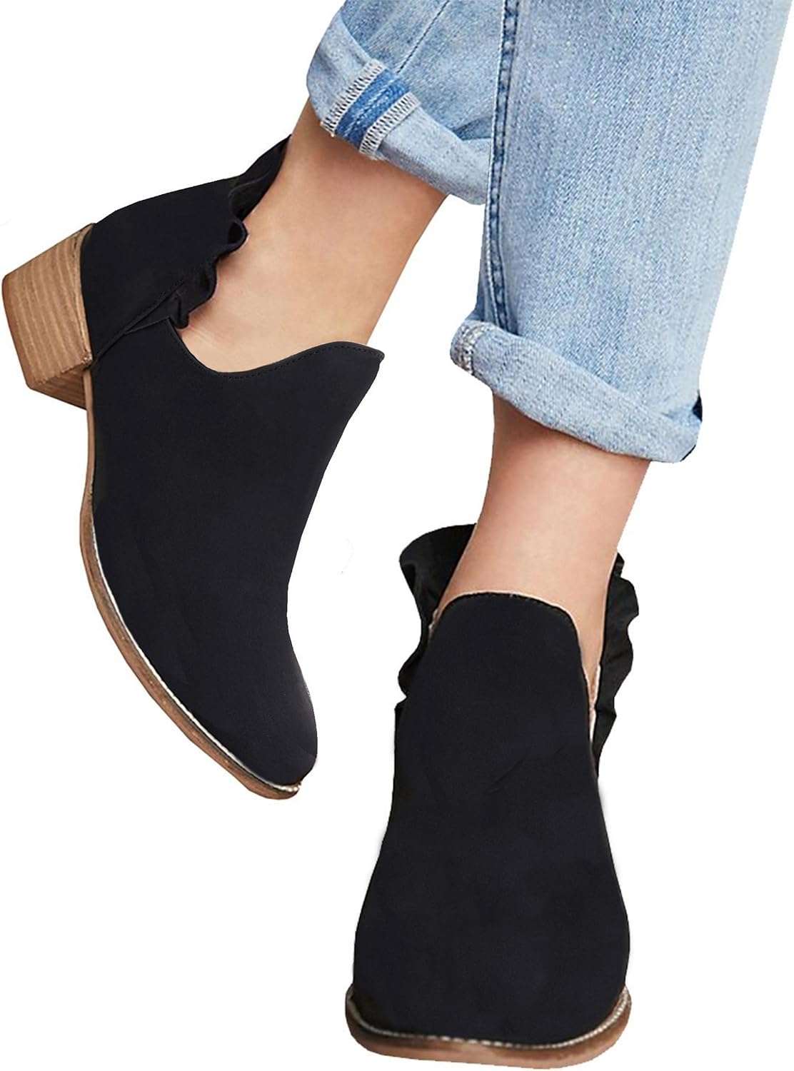 Fashare Womens Fall Cutout Booties Ankle Heels Low Stacked Ruffle Slip On Dress Short Boots Shoes - Image 2