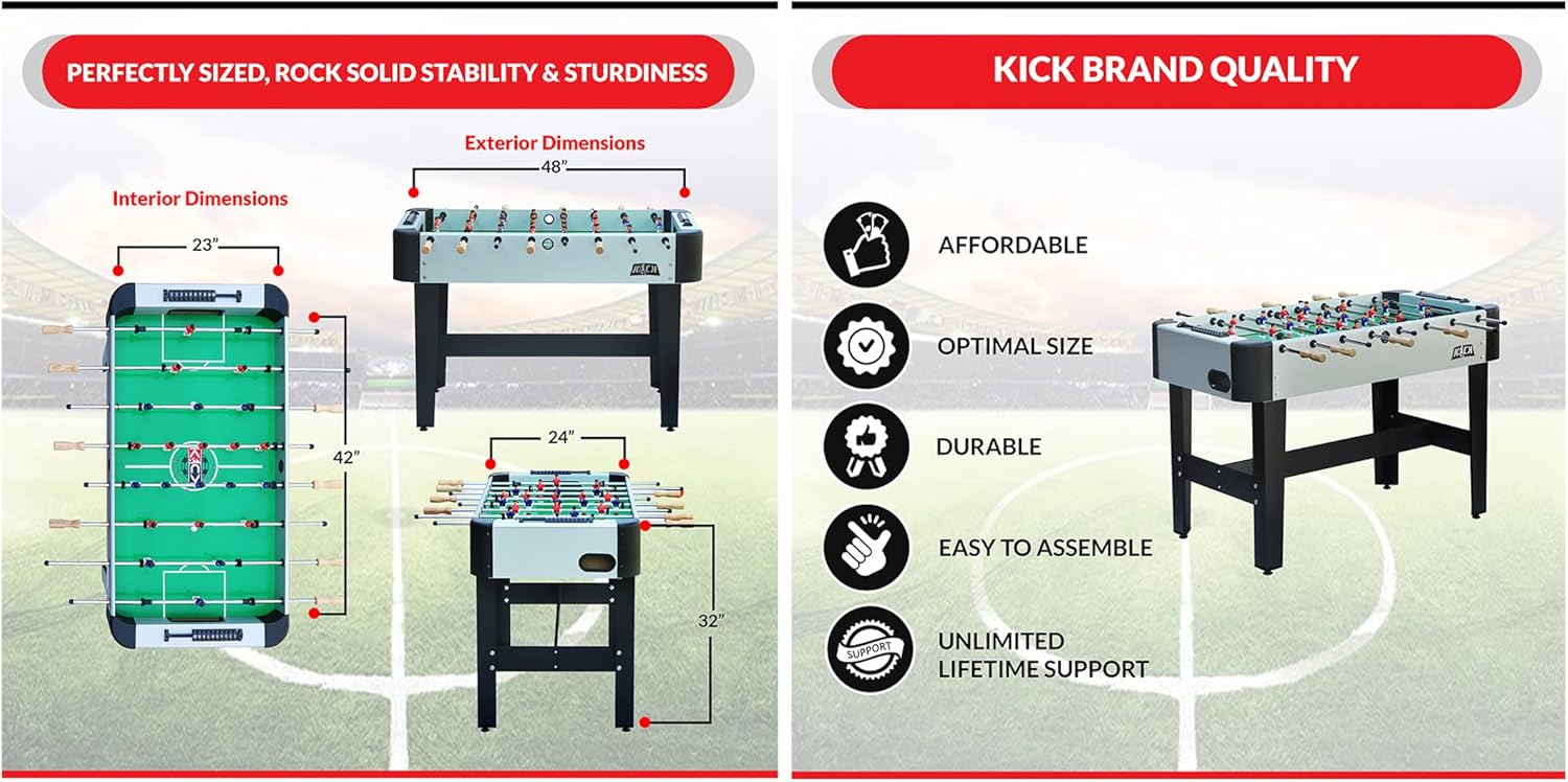 KICK Conquest 48" Foosball Table (Black, Brown and Gray) – Compact Indoor Foos Ball Table for Adults & Kids – 2 Foosballs, Chrome Rods, Sliding Score Keeper, Counterbalanced Men