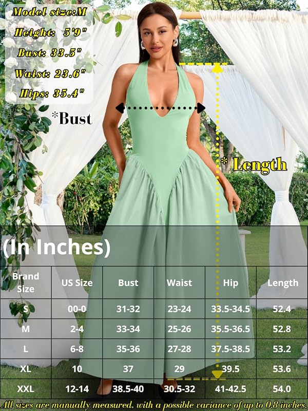 ChiaoLezhee Deep V Neck Dress Halter Maxi Dresses Vacation Date Night Sexy for Women Corset Flowy Wedding Guest Drop Waist Bridesmaid A Line Pastel Backless Semi Formal Light Sage Mint Green Large by ChiaoLezhee - Image 6