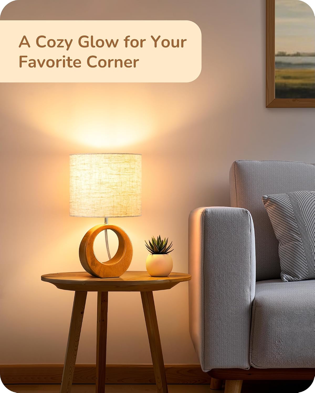 EDISHINE Small Wood Table Lamp, 13.4" Nightstand Lamp with Beige Linen Lampshade, ON-Off Switch, E26 Base, Modern Bedside Lamp for Living Room, Bedroom, Dark Rosewood
