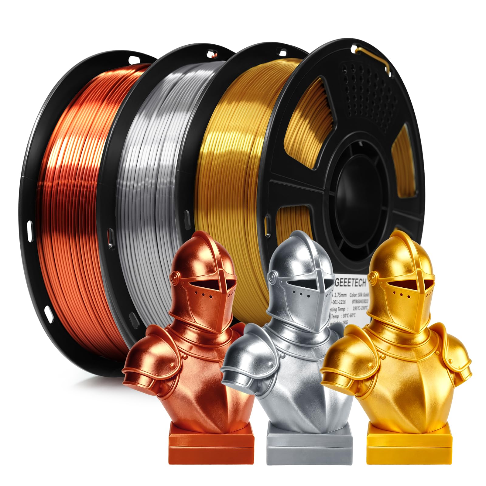 GEEETECH PLA Silk Filament 0,5 kg pro Spule, 3 Spulen silk (Gold+Silber+Kupfer) für 3D Drucker