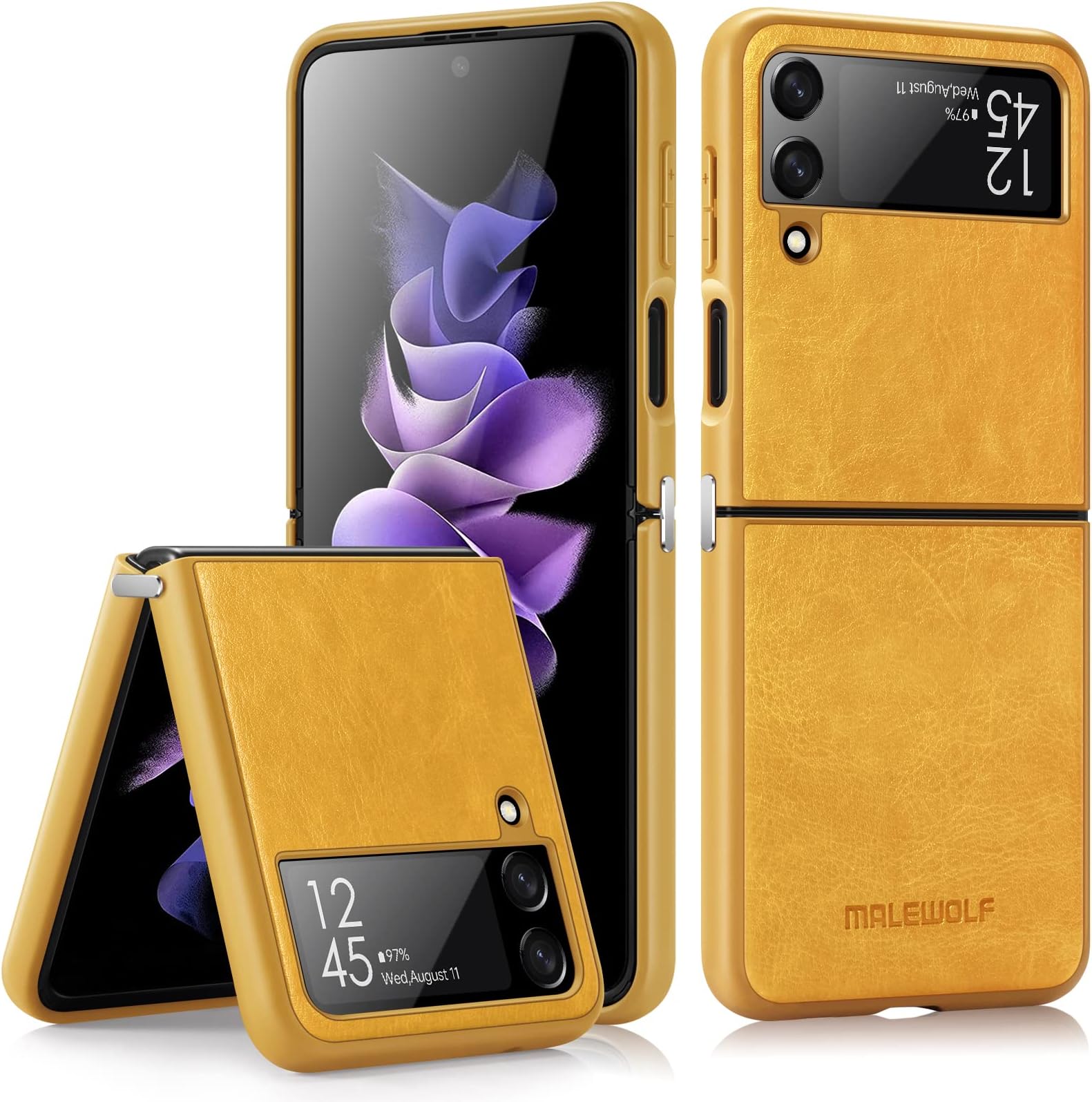 MALEWOLFCase for Samsung Galaxy Z flip 4 5G 2022, Slim Phone Case with Hinge, PU Leather Soft TPU Edges Full-Body, Shockproof Thin Protective Cover for Galaxy Z flip 4 (Yellow)