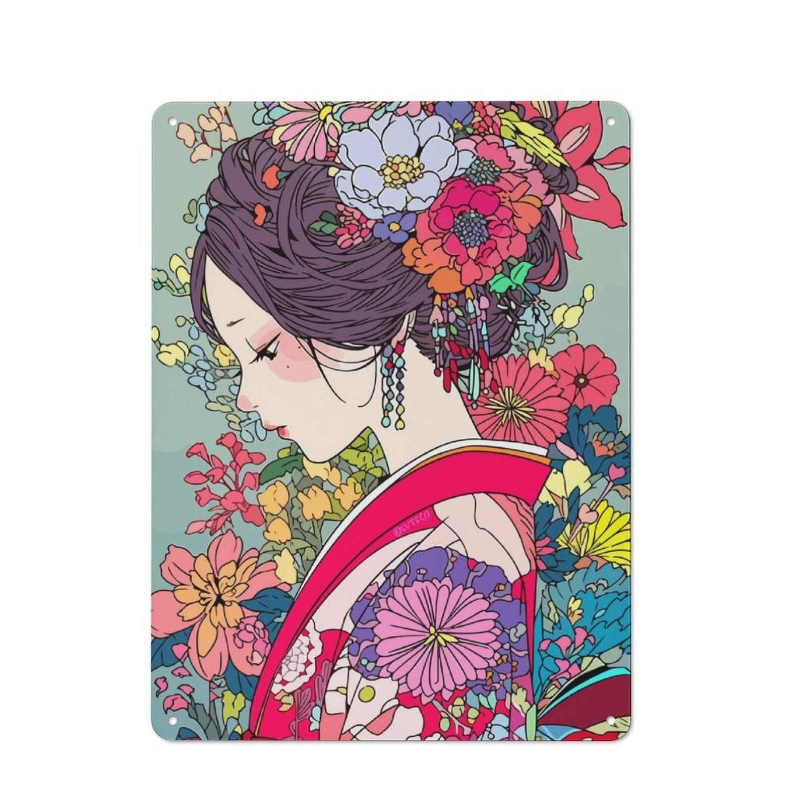 Junmoney Girls Pastel Kimono Japan Metal Wall Sign 40X30cm, Rustic Decor For Hallway Wall, For Metal Sign Collectors, For Garage And Workshop Walls
