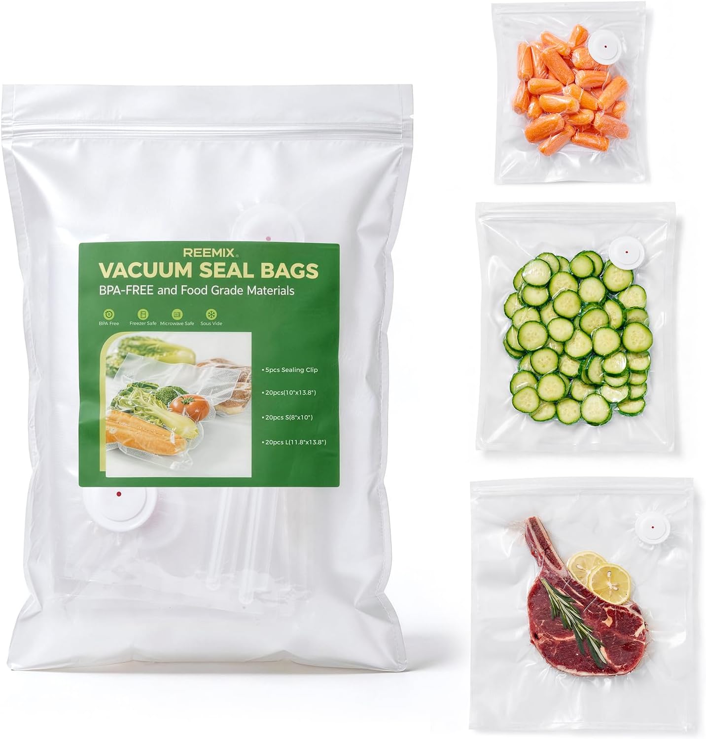 Reemix 60 Pcs Vacuum Sealer Bags (8″x10″, 10″x13.8″, 11.8″x13.8″) with Upgraded Silicone Air Valve, BPA-Free Food Grade, Sous Vide Safe, Air Valve Zipper Bags