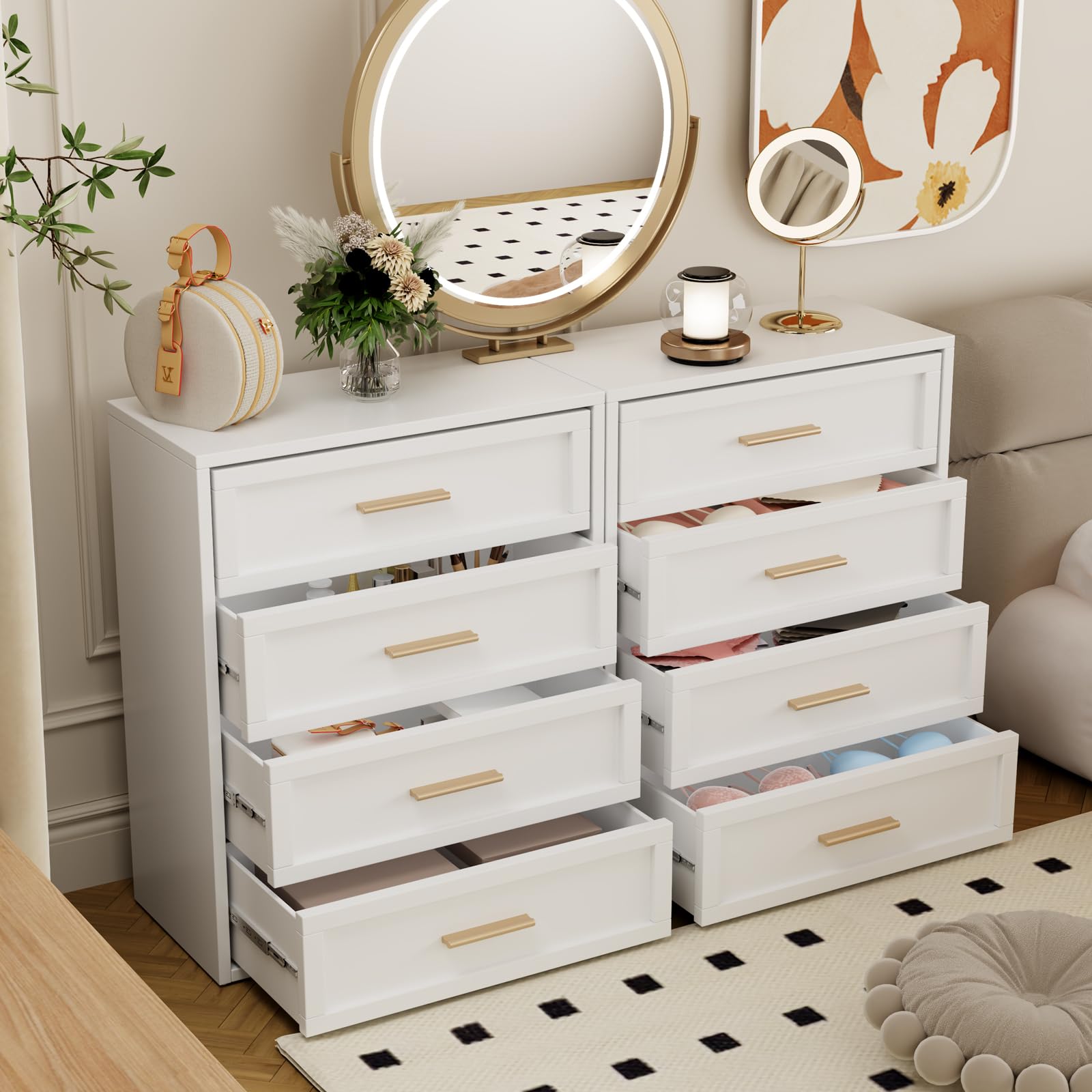 XIUSVON Metal White 4 Drawer Dresser (2PCS), Tall Bedroom Dresser with Large Drawer & Golden Handles,Metal Storage Organizer Cabinet Chest of Drawer