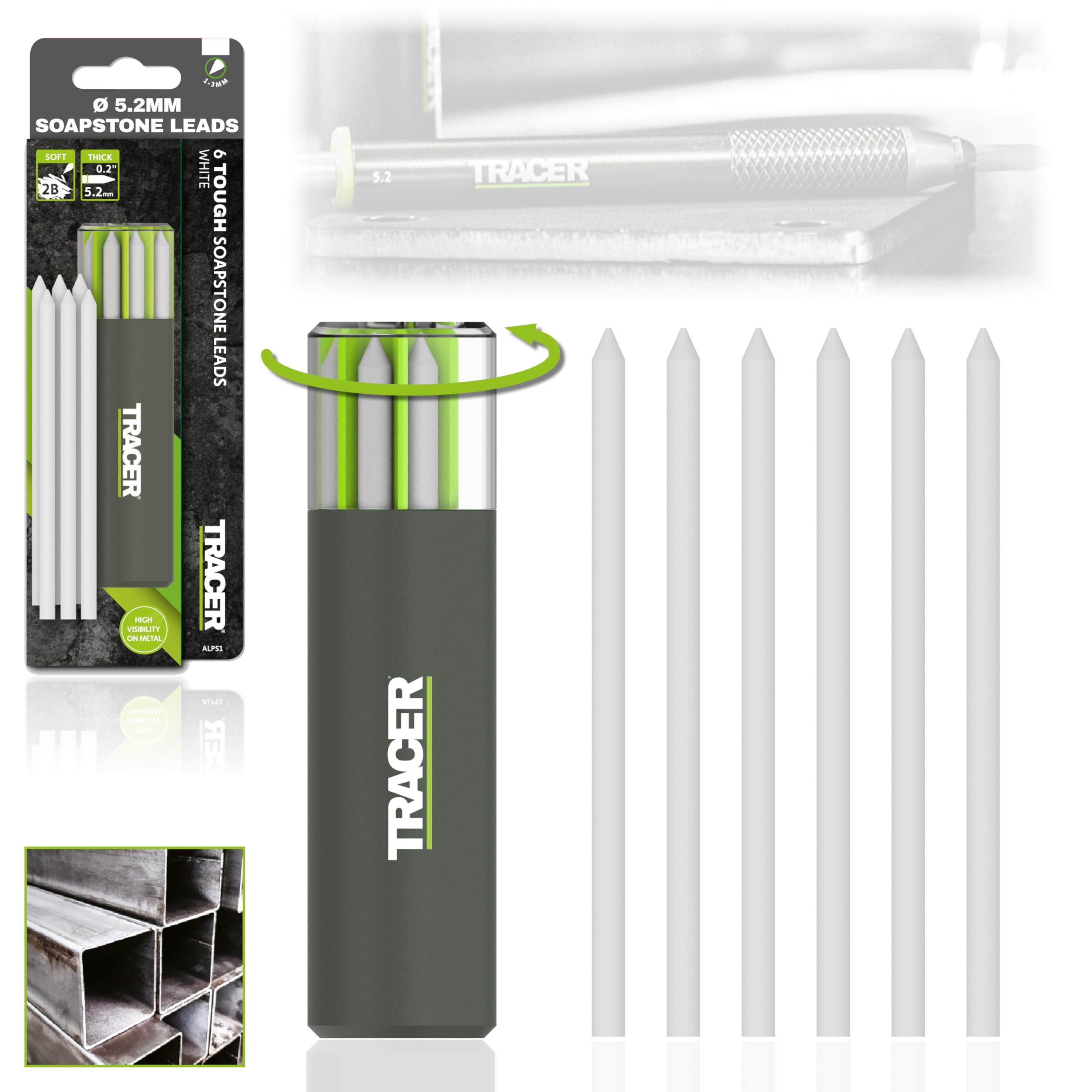 Tracer 5.2mm Soapstone Replacement Leads x 6 for use with the Tough Pencil. Pencil Lead pack and Storage Case