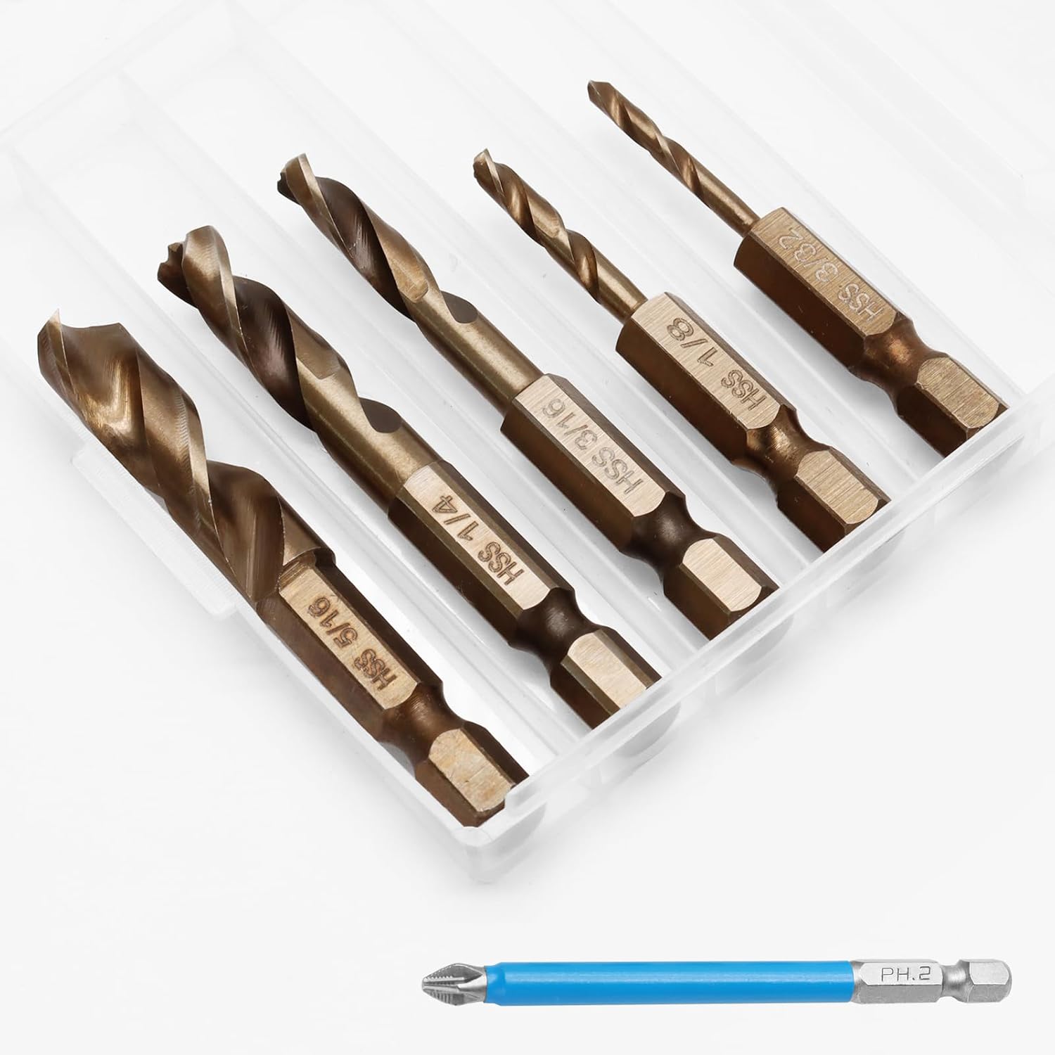 5 Pcs M35 Cobalt Stubby Drill Bit Set for Hard Metals and Stainless Steel, with 1/4" Hex Shank for Impact Drivers and Quick Chucks (3/32", 1/8", 3/16", 1/4", 5/16")