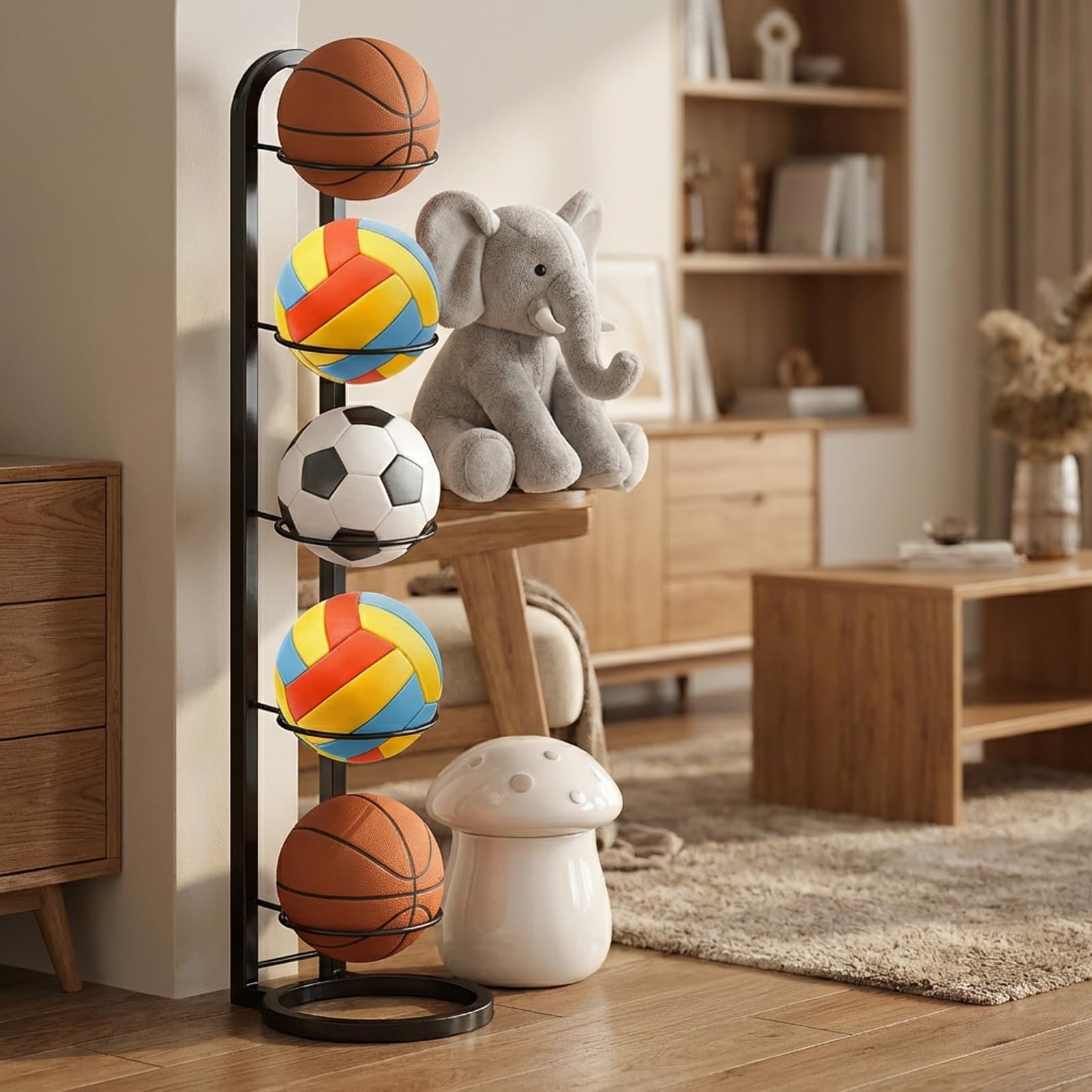 5 Stufiger Ballständer, Ballregal Abnehmbare, Vertical Ball Aufbewahrung, Ballaufbewahrungsregal Ballhalter aus Metall, Ballregal Sportgeräte Organizer Stabil für Basketball Fußball Volleyball