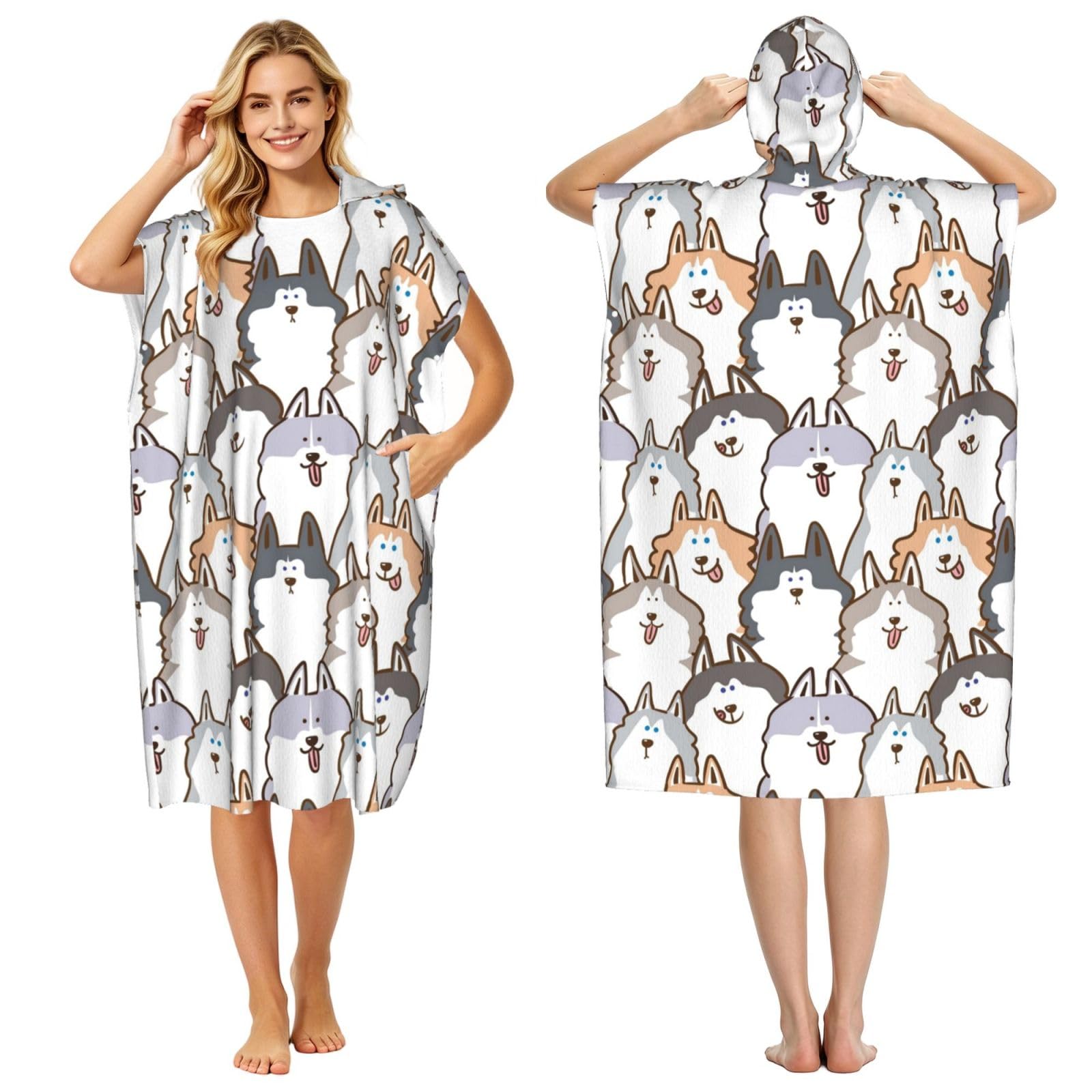 Poadnly Cartoon Siberian Husky Dog, Adult Hooded Beach Towel 90 x 110 cm,Changing Bath Robe, Surf Poncho Towel For Women Men