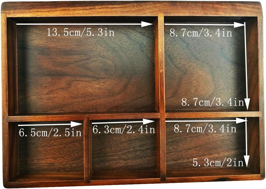 Winterworm Vintage Black Walnut Wooden Tray Organizer 5 Compartment Organizer Jewelry Storage Key Holder Divided Box Desk Organizer