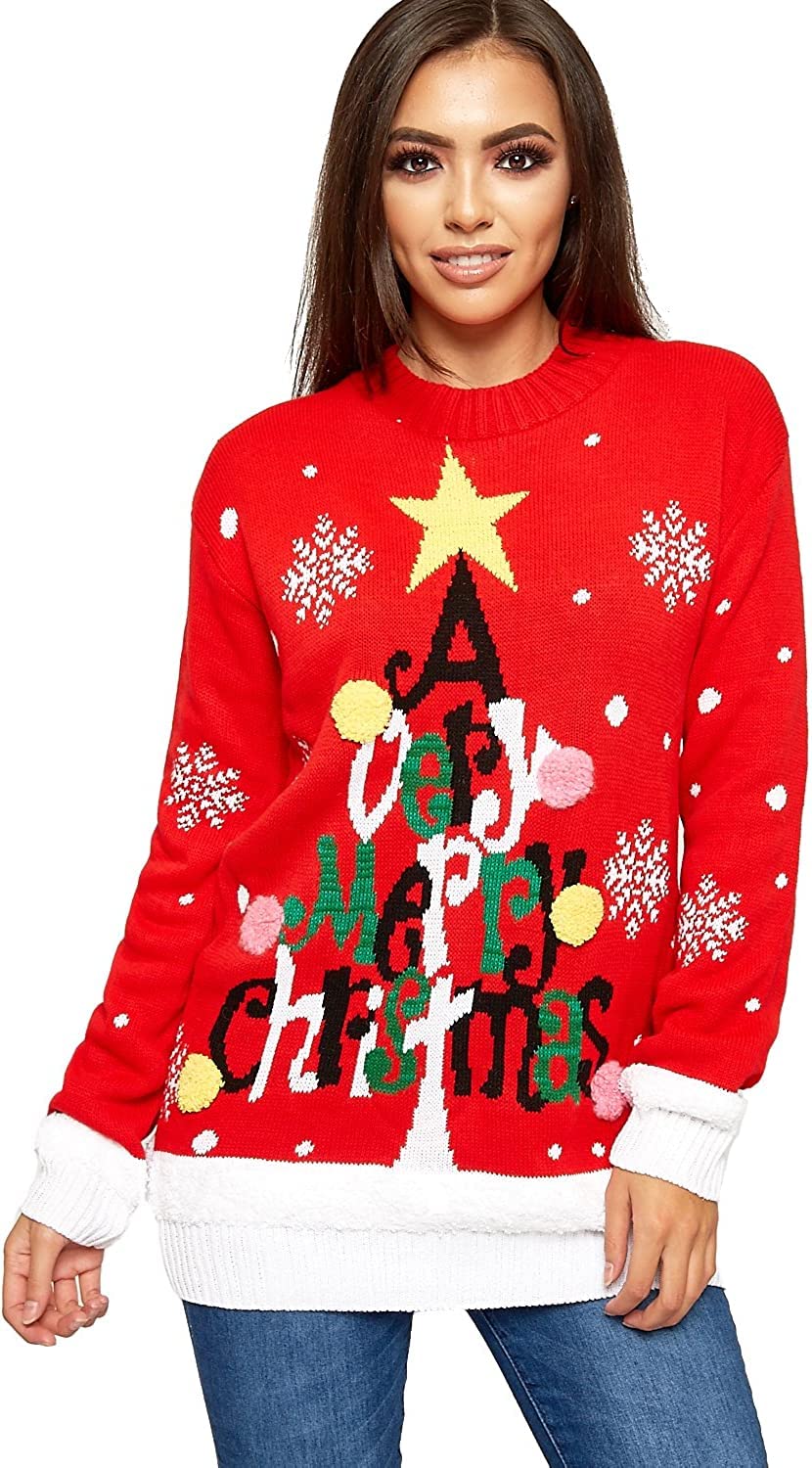 Wearall Women's A Very Merry Christmas Red Knitted Merry Christmas Xmas Snowflake Reindeer Pom Jumper A Very Merry - Red 16-18