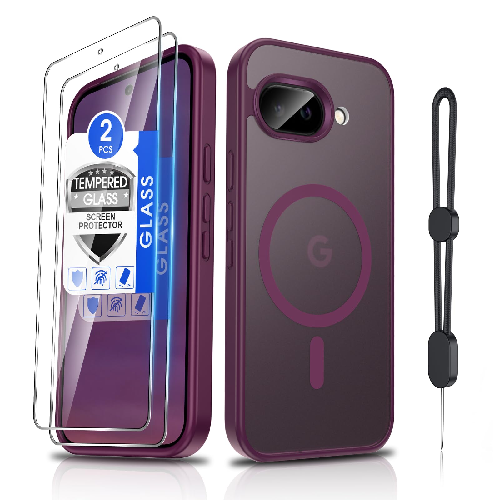 Dizn Magnetic for Google 9A Case, with Tempered Glass Screen Protector, Compatible with MagSafe Wireless Charging, Matte Translucent &amp; Military-Grade Shockproof Cover Protective for Pixel 9A, Wine Red