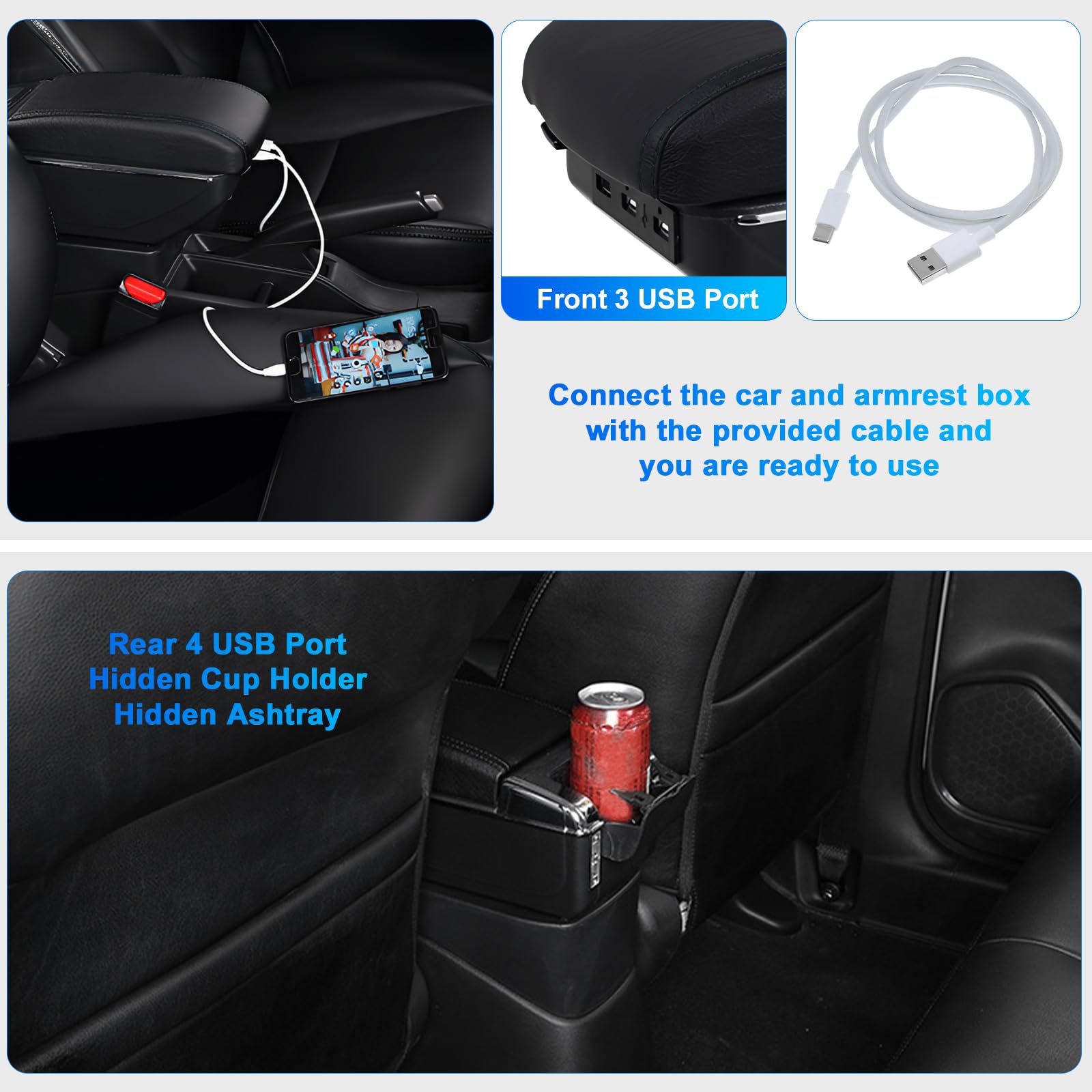 Bracciolo per auto, compatibile con Renault Clio 4 IV 2012-2019, bracciolo centrale, a doppio strato, con 7 porte USB, in pelle nera con linee nere