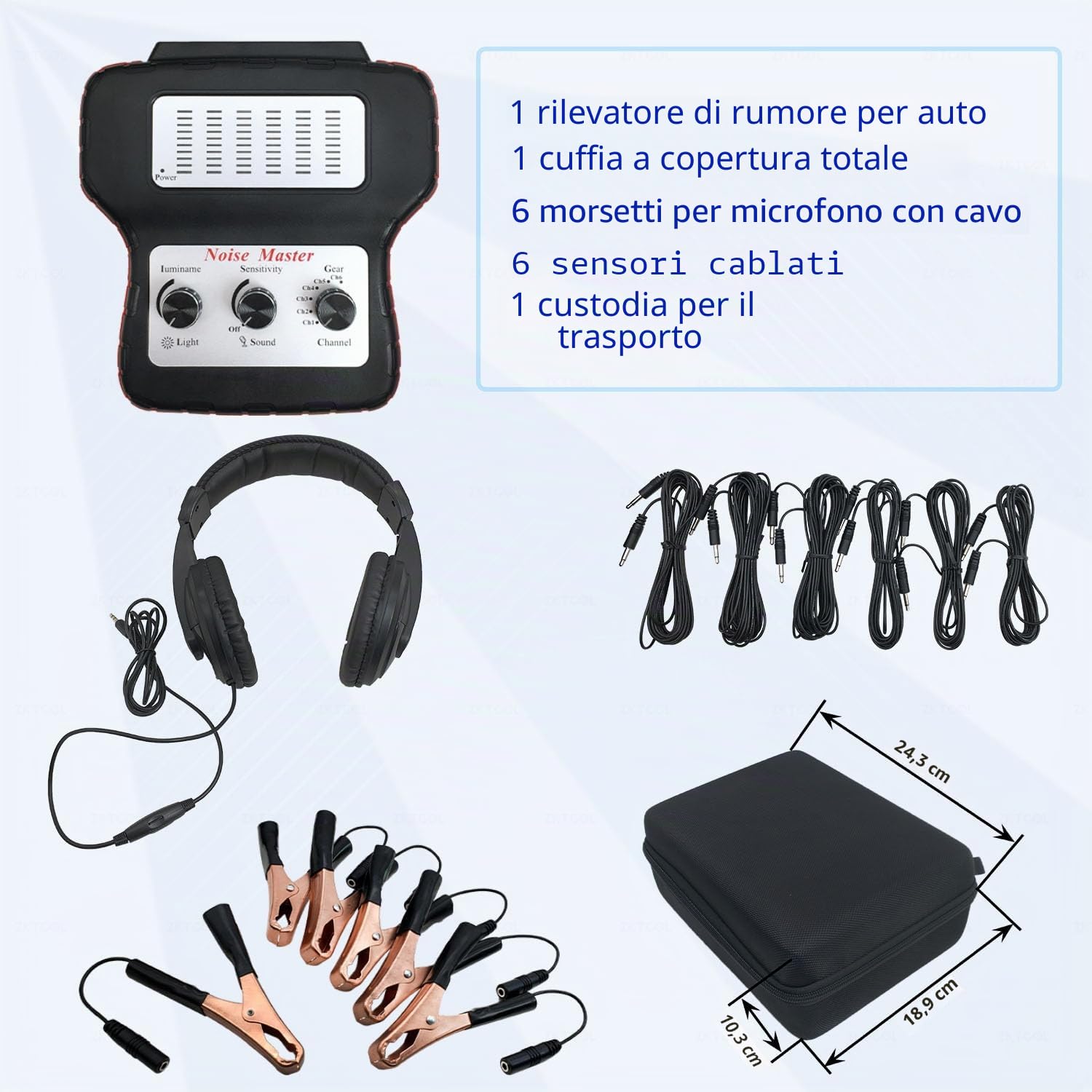 ZKTOOL 6 Canali Rilevatore di Suoni del Motore e Strumento di Prova, per Sistema Telaio Auto, Orecchie Elettroniche per Veicoli, Kit Diagnostico con Stetoscopio Elettronico per Orecchie e Cuffie