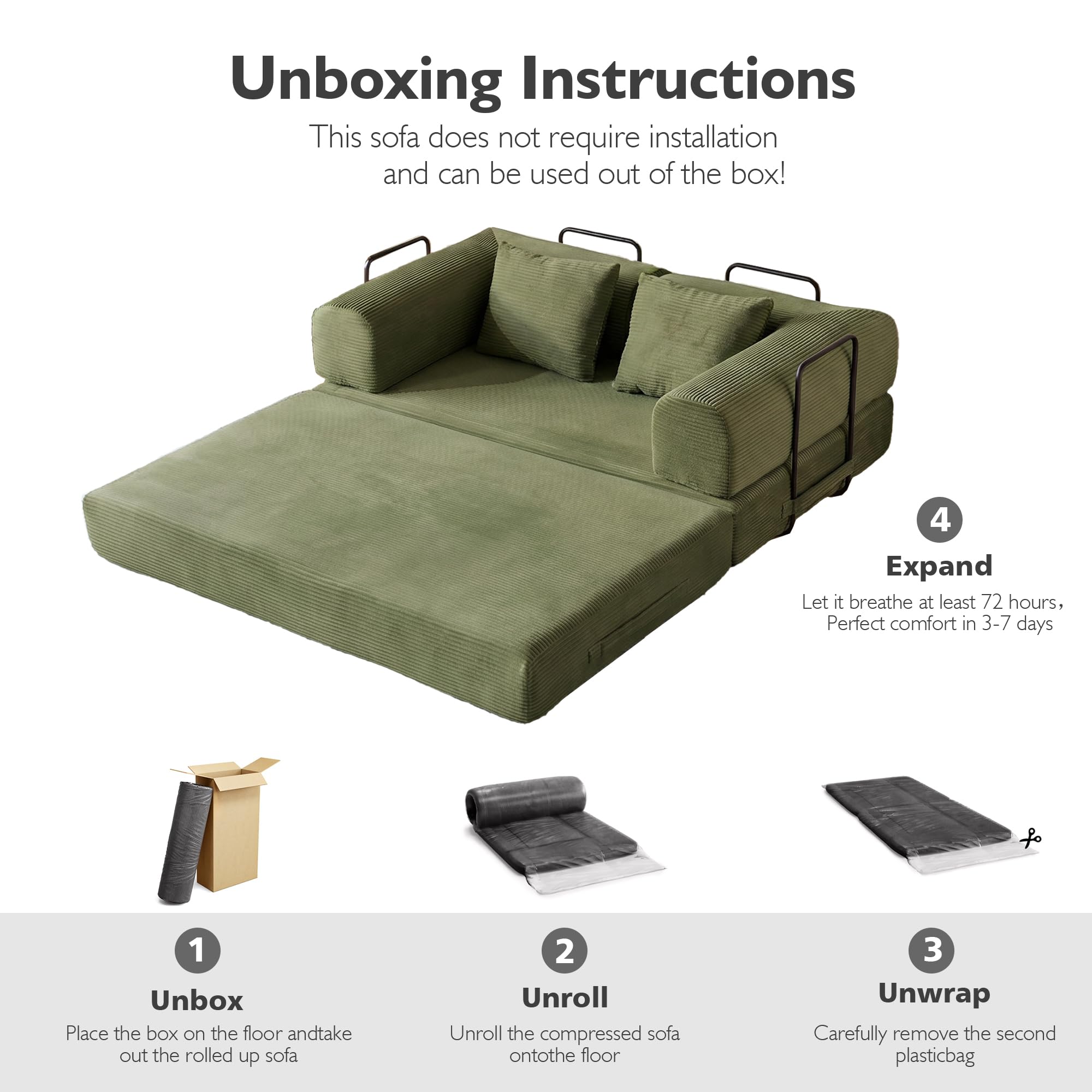 59in Boneless Couch Convertible Futon Sofa Bed Queen for Small Space | Corduroy Boneless Sleeper Sofa, Pull Out Modular Couch, Apartment Friendly for Study Room & Living Room, No Assembly | Green