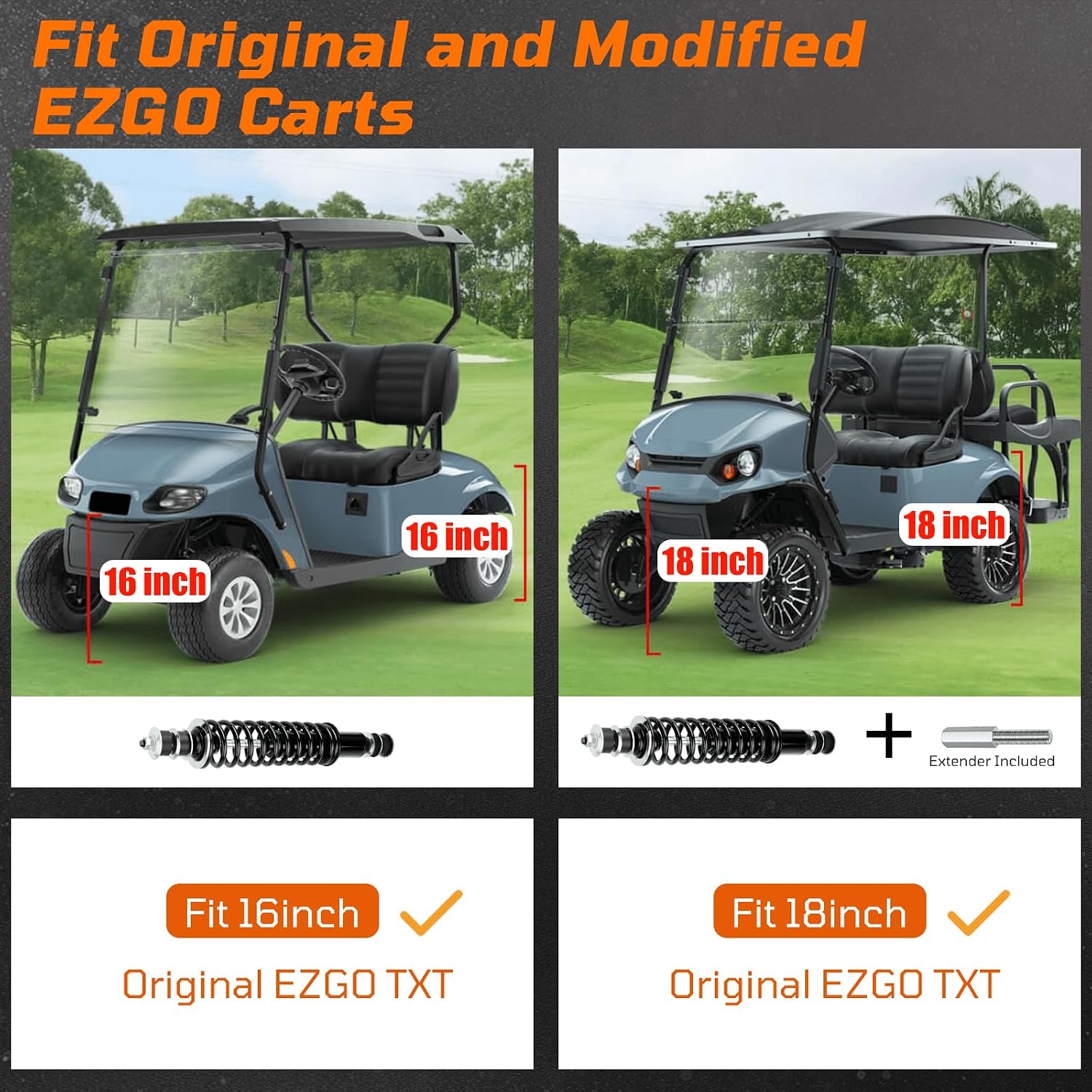 4 Pcs Golf Cart Shocks with Heavy Duty Coil Springs for 1994+ EZGO TXT/Medalist G&E, Replace E-Z-GO Front or Rear Absorbers #70928-G01 76418-G01 Included Extender for Lifted Cart (Black)