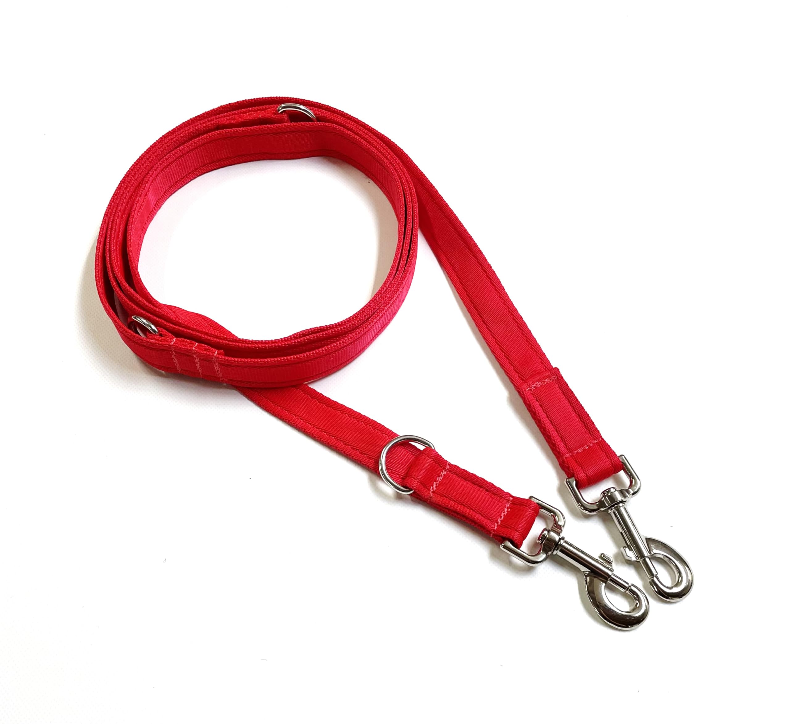 25mm Police Style Dog Training Leads Obedience Control Leash Multi-Functional Double Ended In Cushioned Webbing (Red, 8ft (2.4m) Long)