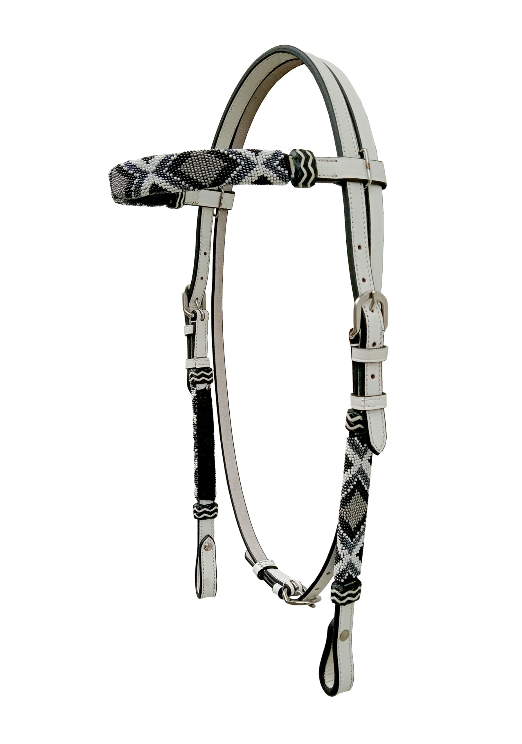 Western Hand Braided Real Leather White Headstall/Bridle Rawhide Knotting Stitched with Multi Color Beads Full Size Headstall (Black and White Design)