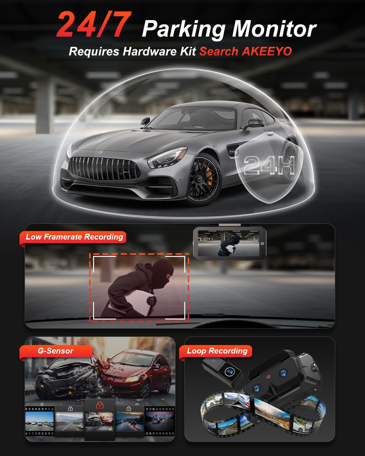 2K 5Ghz WiFi Dash Cam Front and Rear,4" IPS Touchscreen Dash Camera for Cars,3 Channel Dashcams with GPS, ADAS&BSD,WDR Night Vision,Voice Control,APP Control,G-Sensor,24H Parking Mode+64G -AKEEYO-EYES