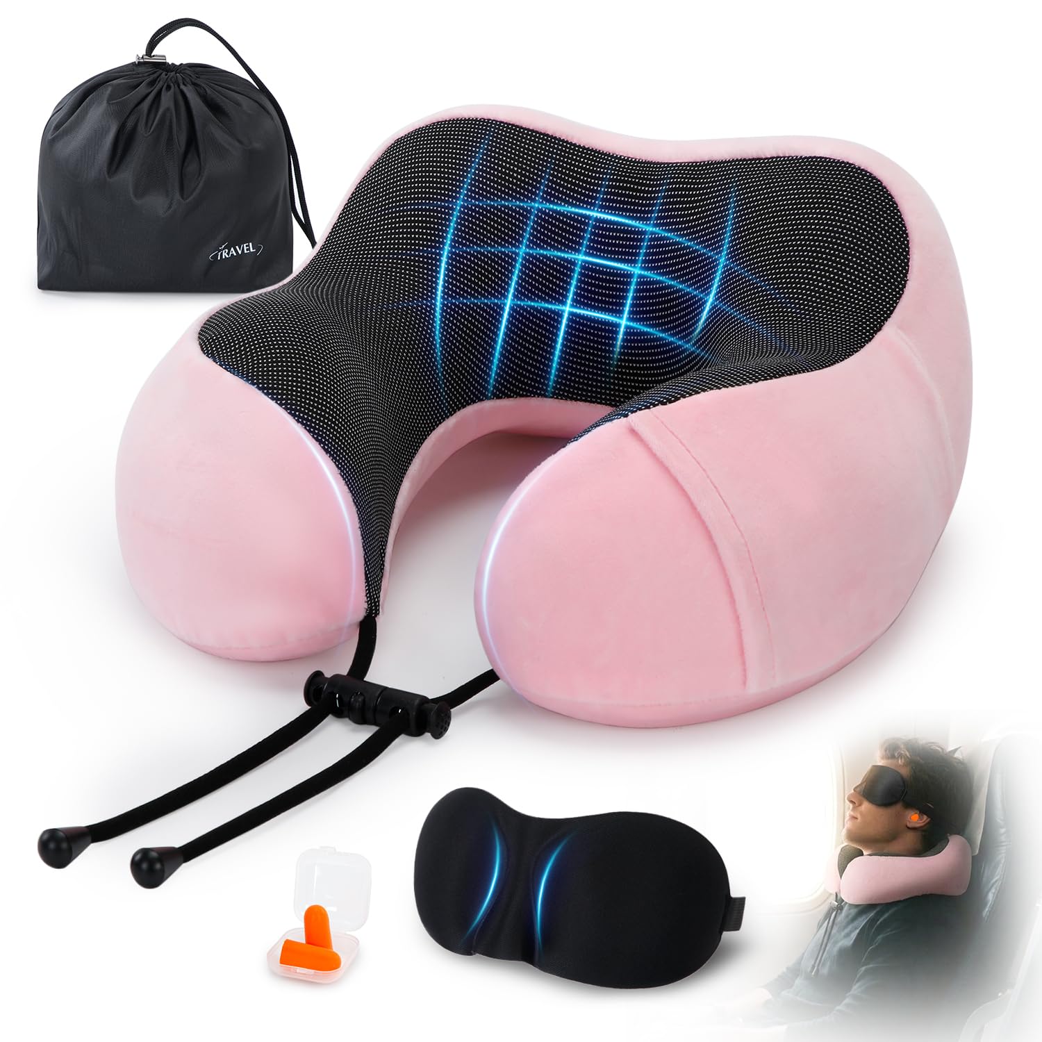 Memory Foam Comfort Travel Pillow for Airplane & Car，Adjustable Neck Pillow, Neck and Head Support Cushion with Ear Plugs, Eye Mask, Carry Bag, Compact Travel Essentials Gift for Adults (Pink)