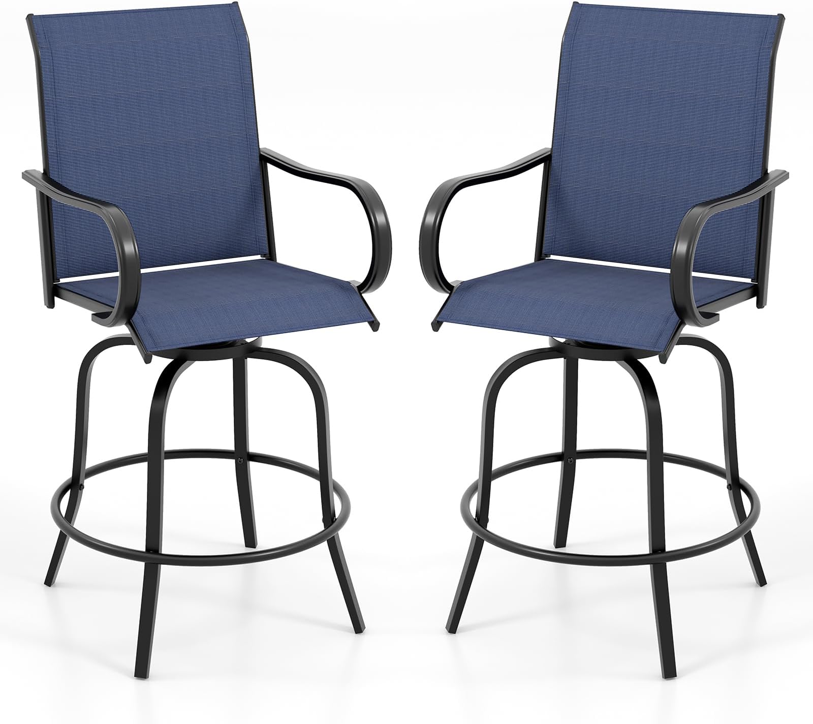 Tangkula Outdoor Swivel Bar Stools Set of 2, Bar Height Tall Patio Chairs with Armrests & High Back, Cozy Footrest & Solid Metal Support, High Top Bar Chairs for Backyard, Balcony, Poolside (1, Navy)